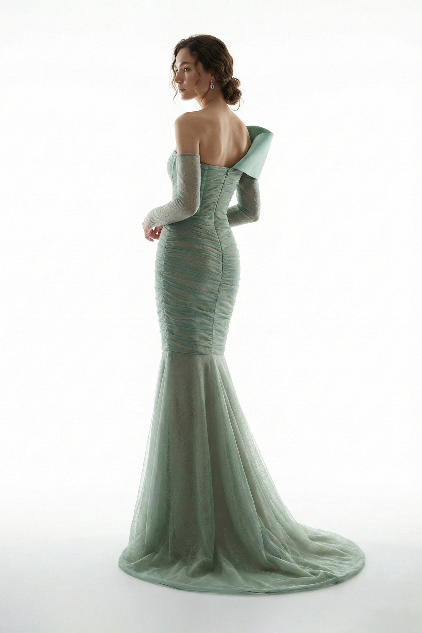 Li Beirut M1209A – Off-Shoulder Lace Mermaid Evening Gown with Sheer Sleeves