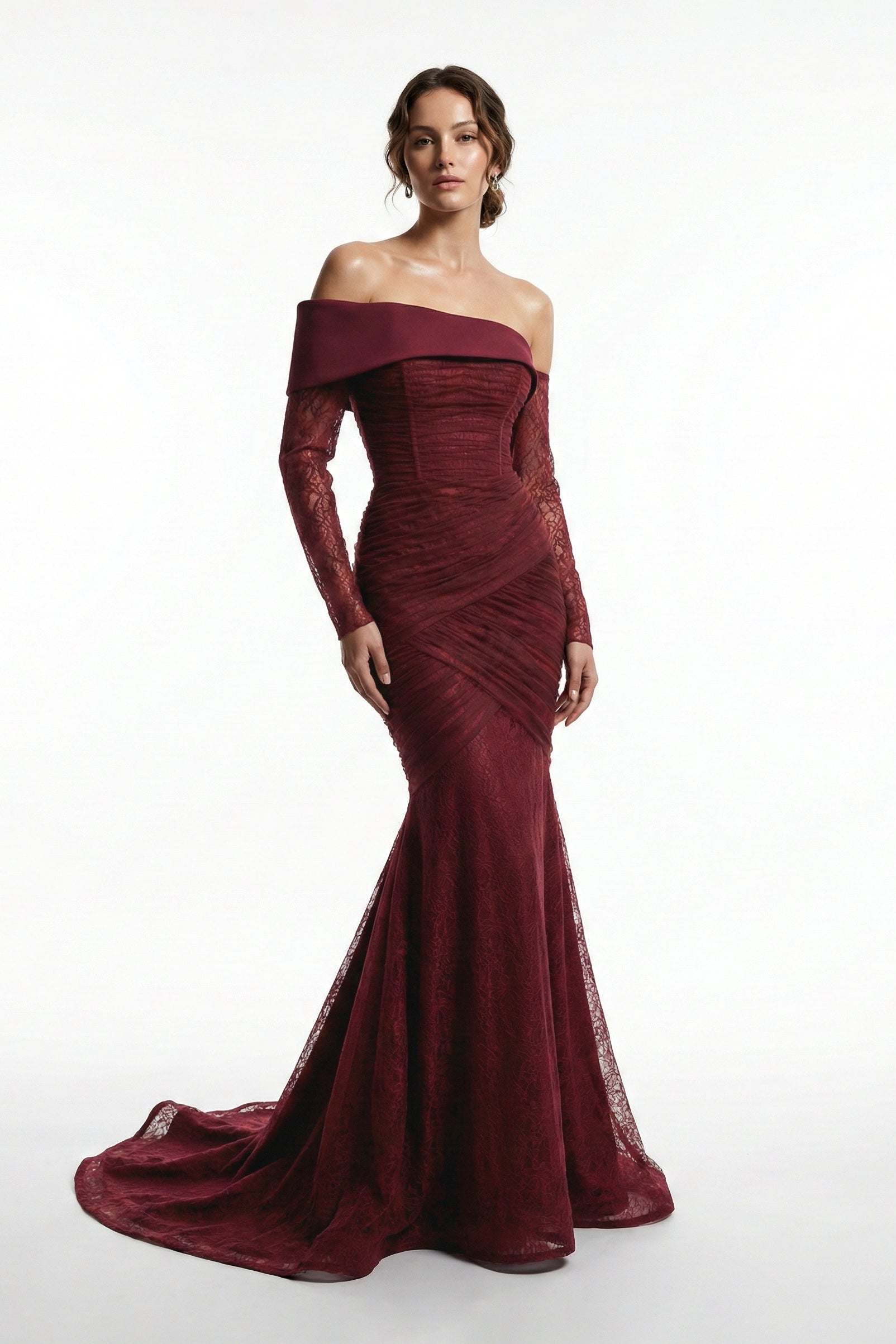 Li Beirut M1209A – Off-Shoulder Lace Mermaid Evening Gown with Sheer Sleeves