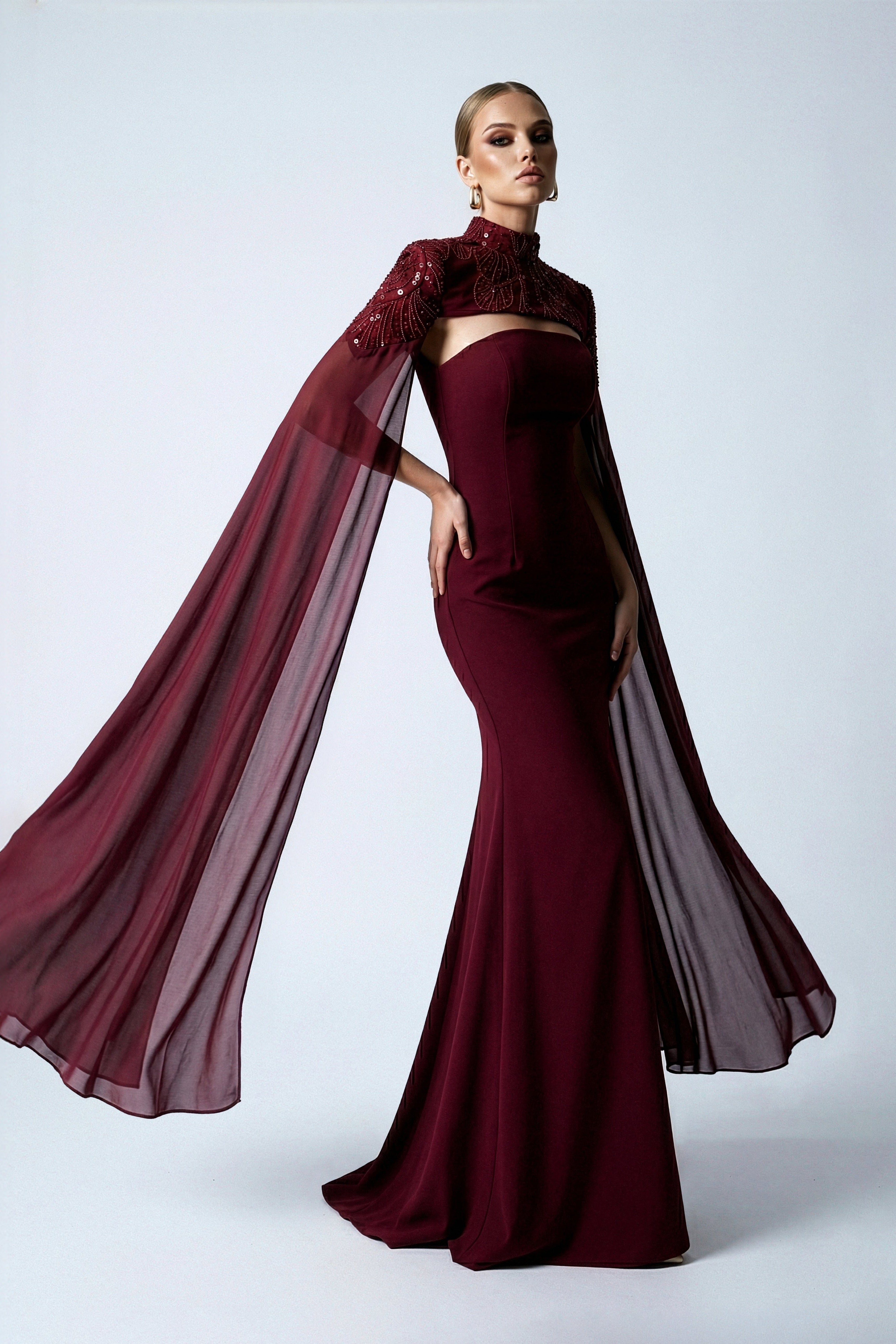 Li Beirut M1210 – High-Neck Cape Sleeve Burgundy Mermaid Evening Gown