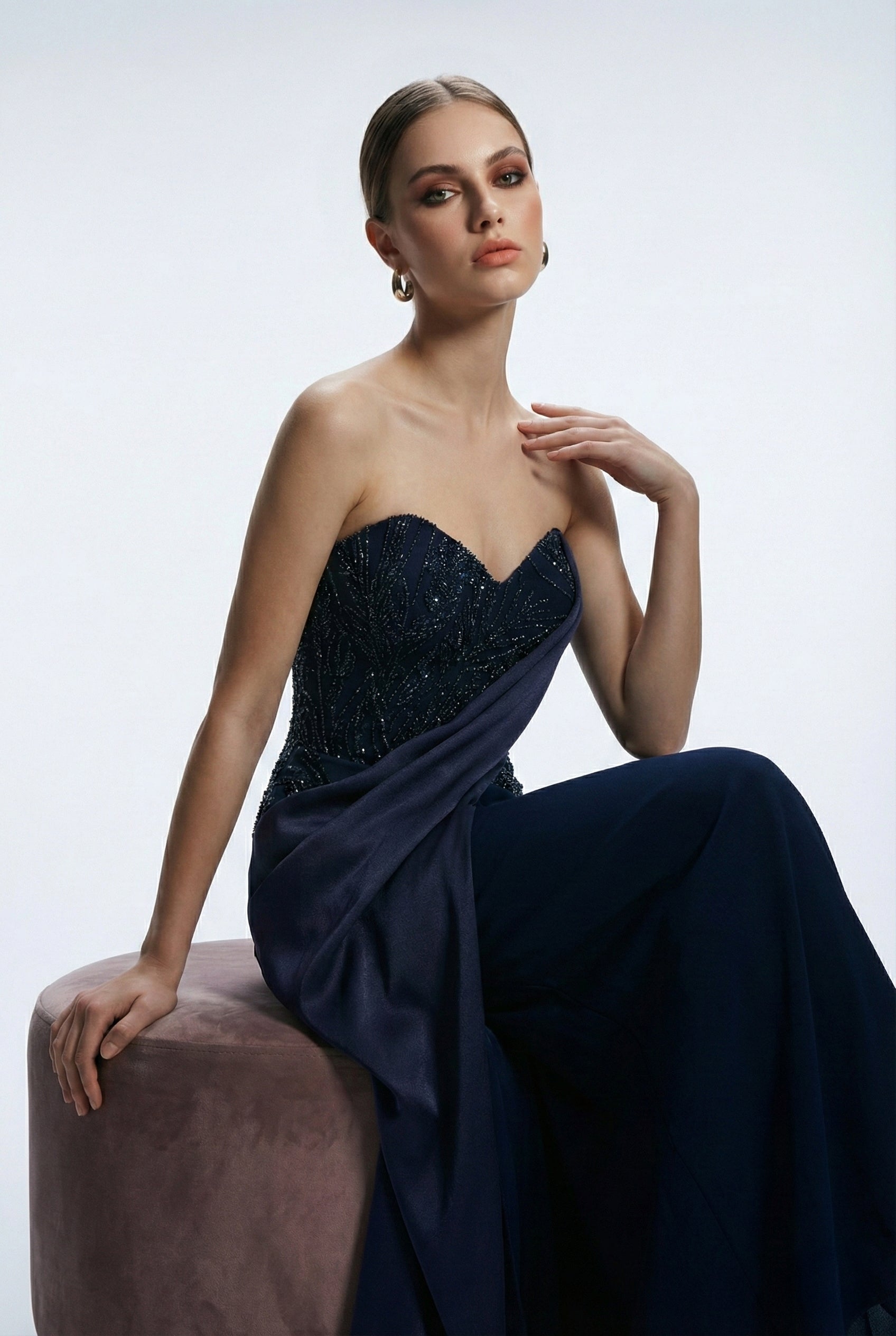 Li Beirut M1211 – Strapless Beaded Draped Navy Column Evening Gown