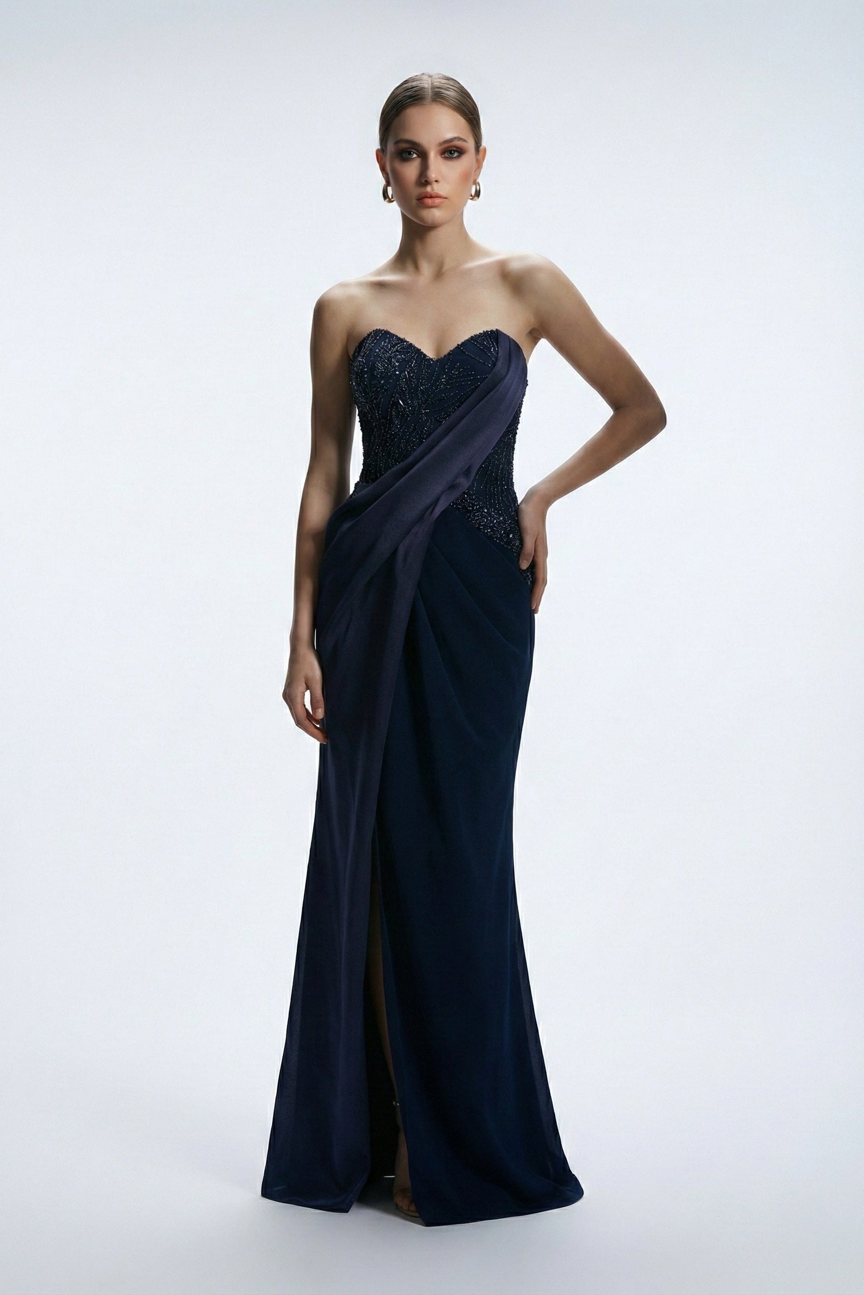 Li Beirut M1211 – Strapless Beaded Draped Navy Column Evening Gown