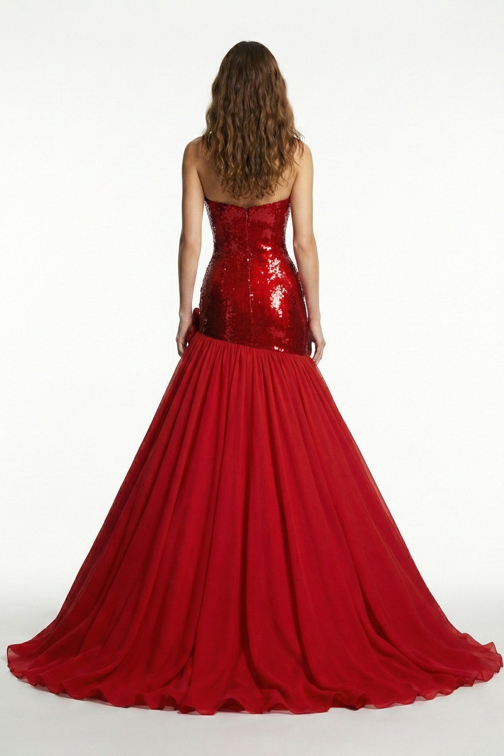 Li Beirut M1216 – Strapless Red Sequin Mermaid Evening Gown with Floral Accent