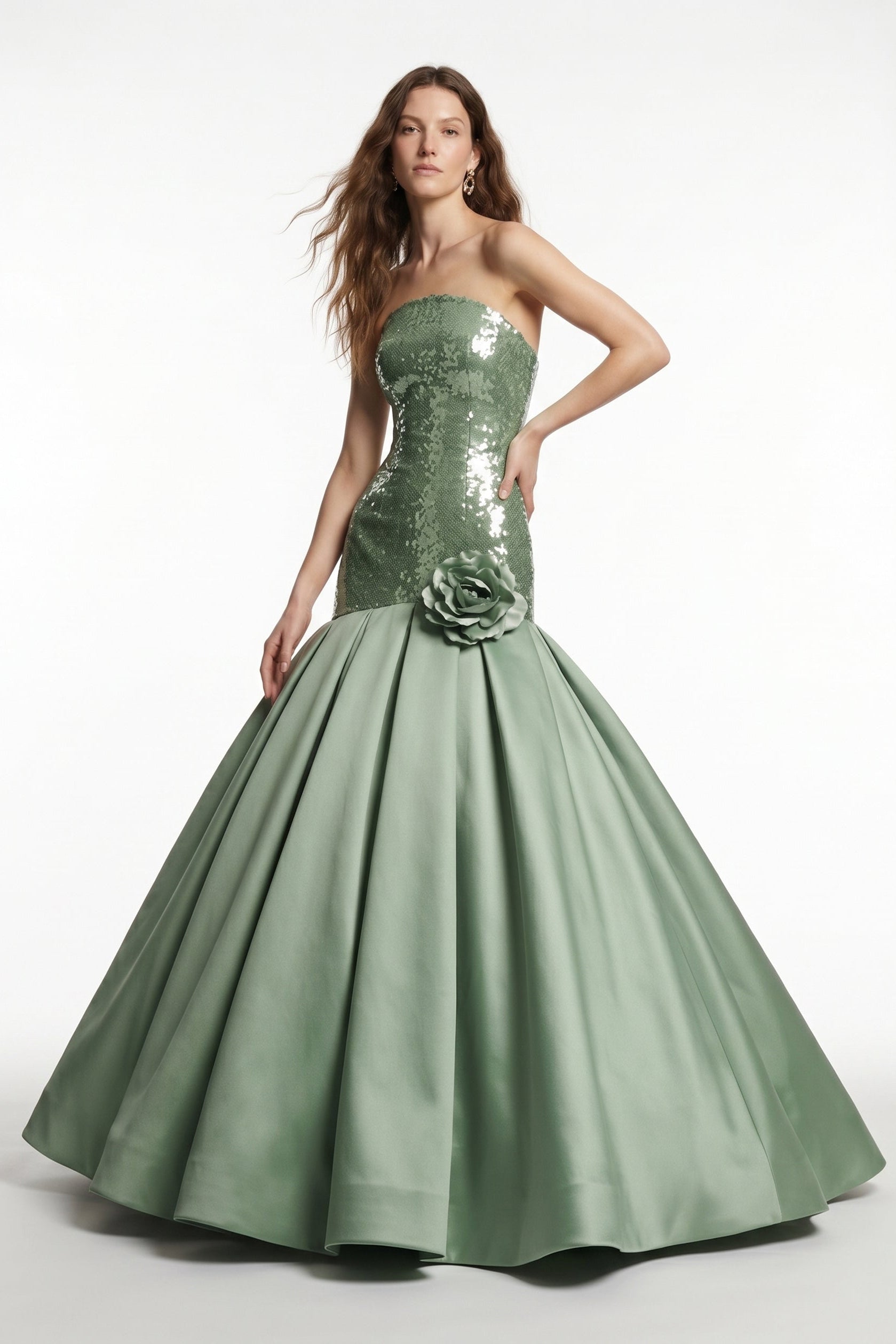 Li Beirut M1216 – Strapless Red Sequin Mermaid Evening Gown with Floral Accent