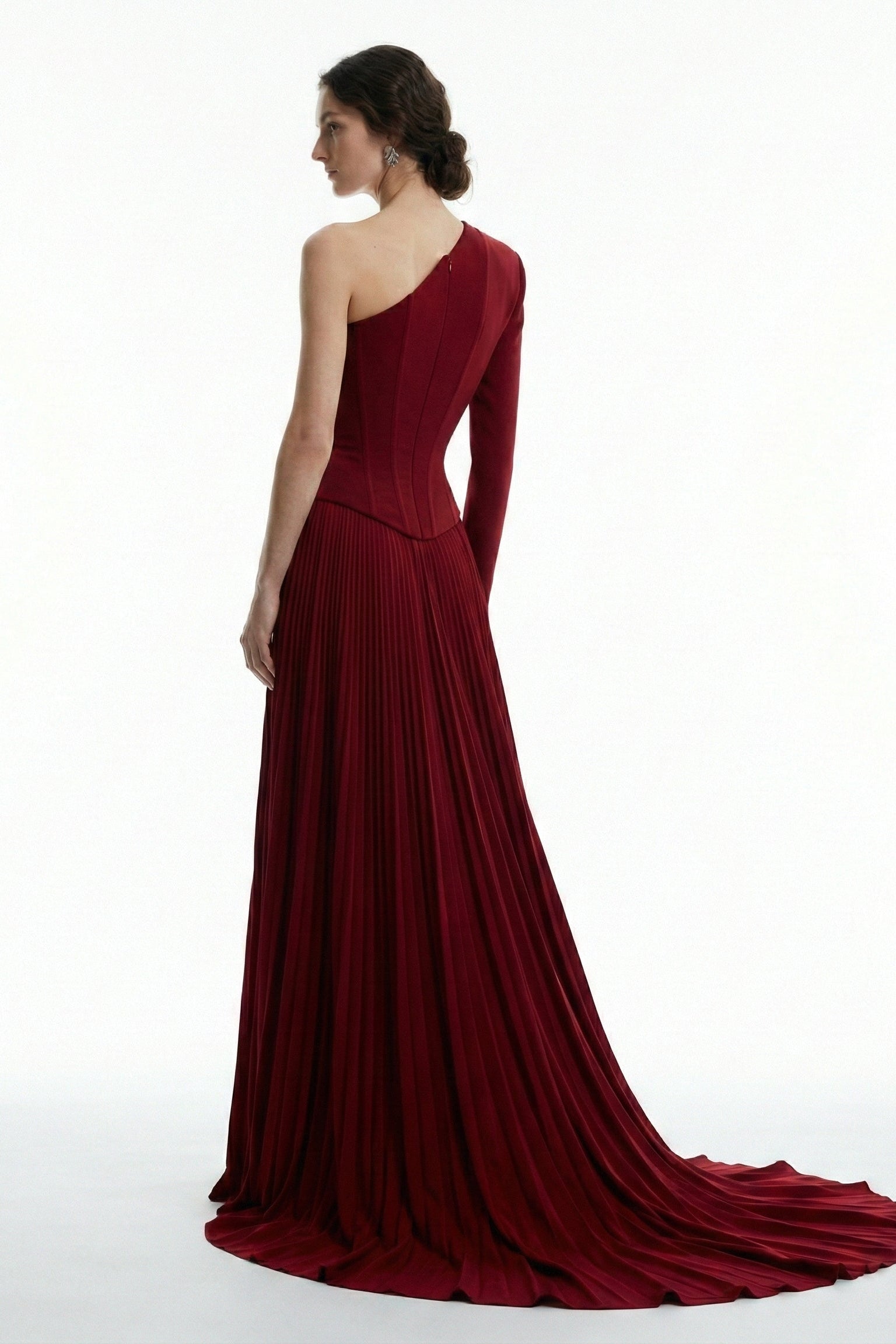 Li Beirut M1219 – One-Shoulder Corset Pleated Evening Gown in Burgundy