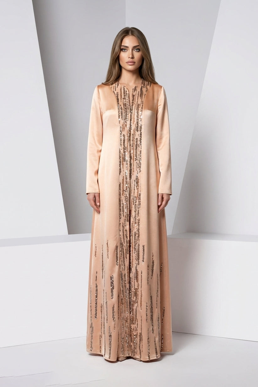 Li Beirut M1221 – Nude Long Sleeve Sequin Embroidered A-Line Evening Gown