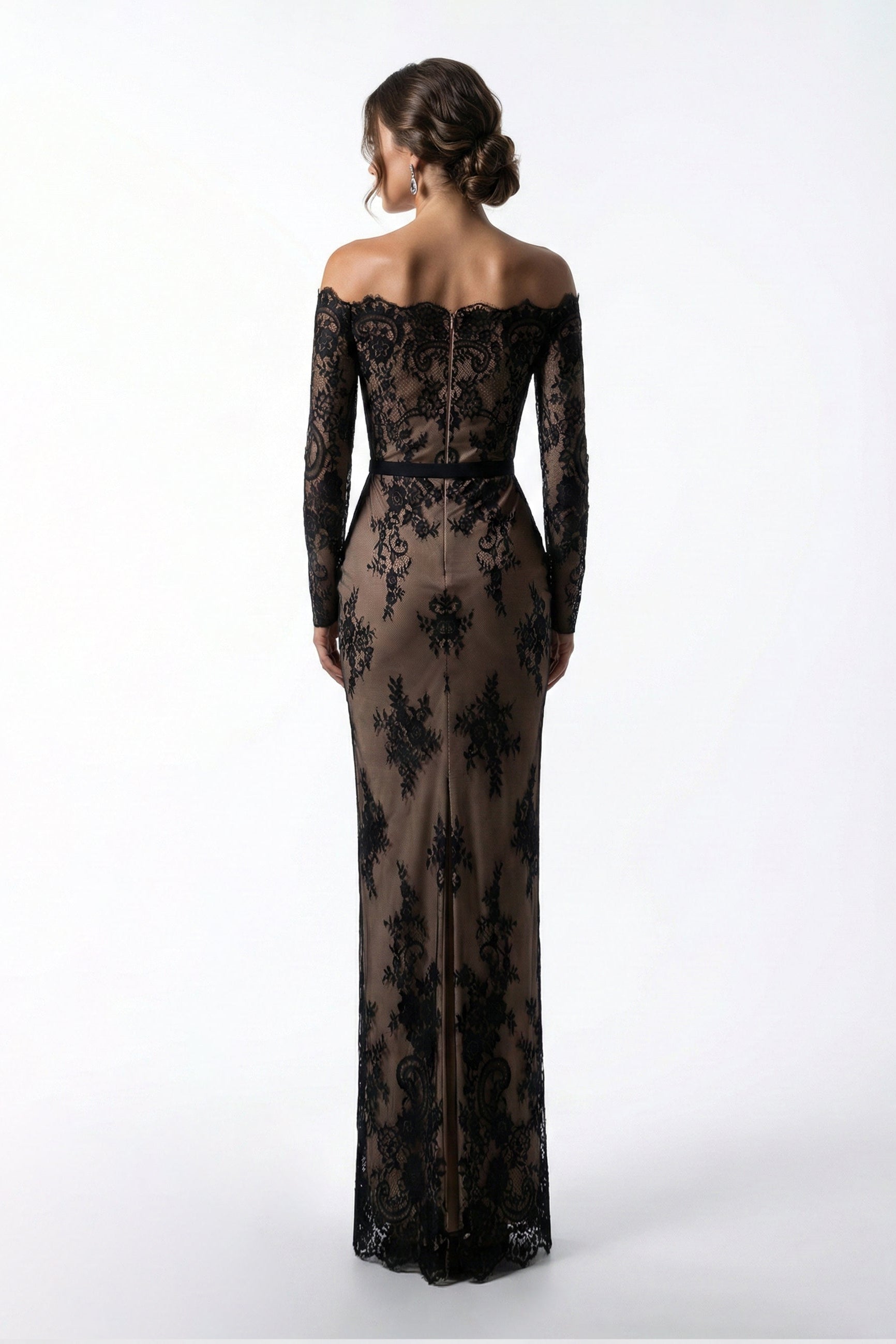 Li Beirut M1226 – Off-Shoulder Illusion Lace Column Evening Gown