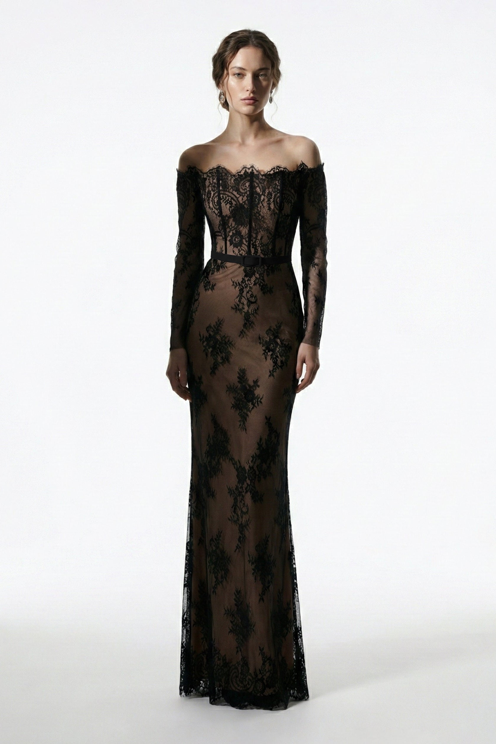 Li Beirut M1226 – Off-Shoulder Illusion Lace Column Evening Gown