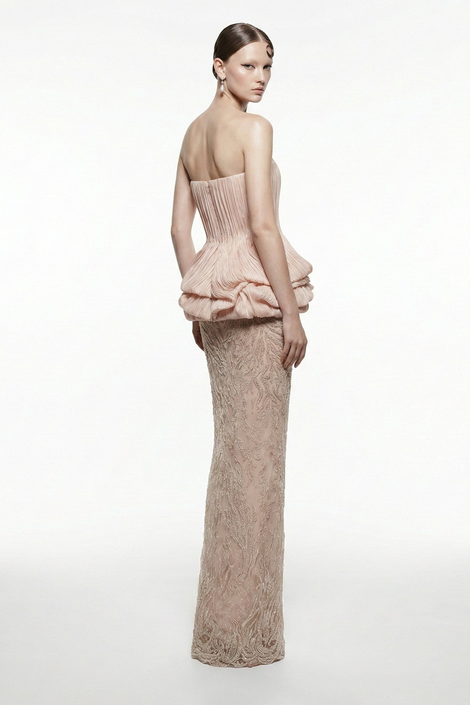 Li Beirut M1228 – Strapless Peplum & Lace Column Evening Gown in Blush
