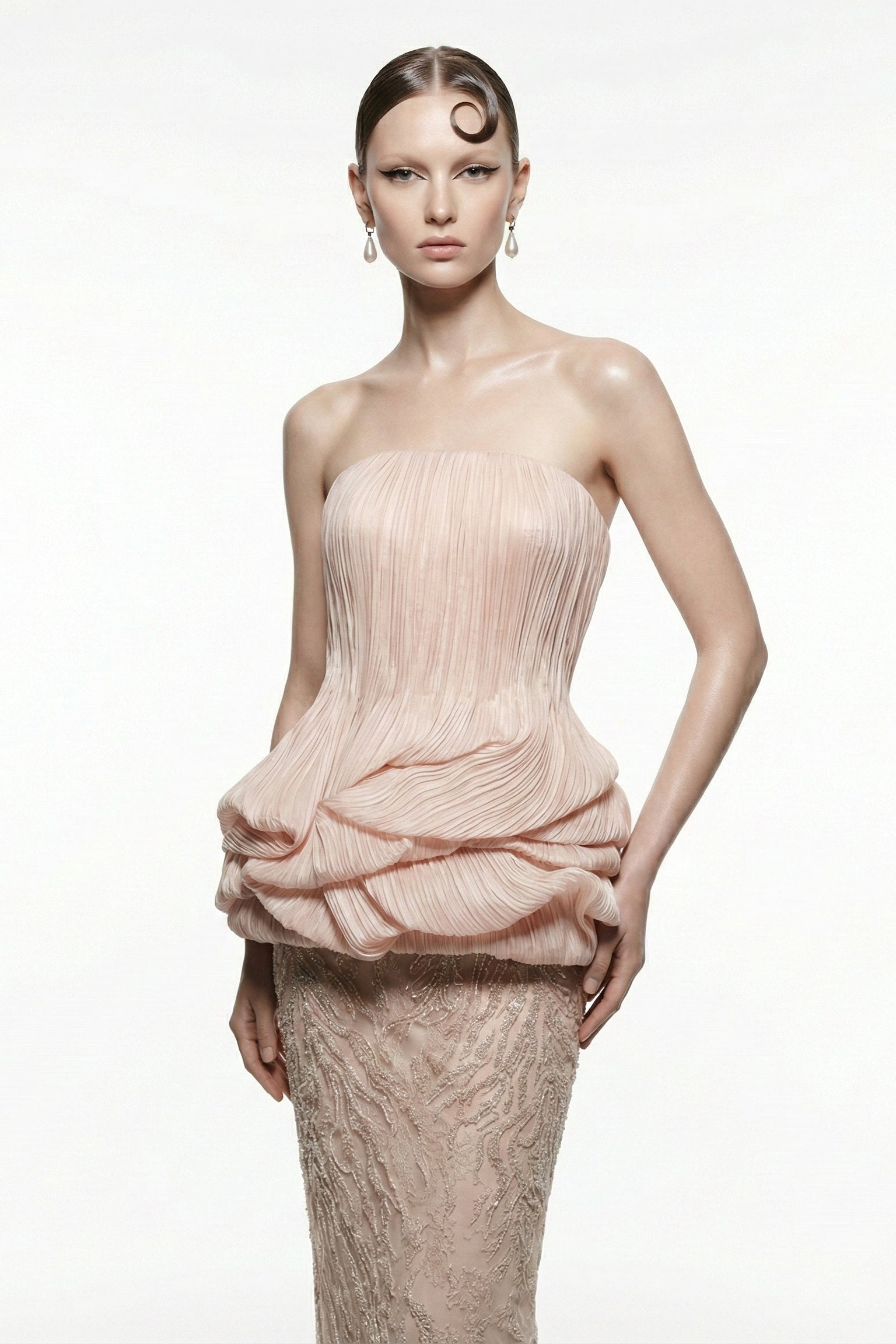 Li Beirut M1228 – Strapless Peplum & Lace Column Evening Gown in Blush