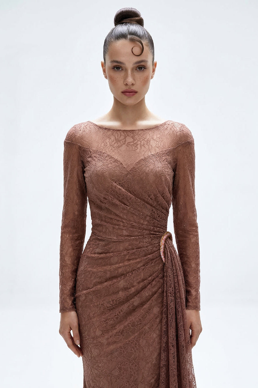 Li Beirut M1229 – High Neck Long Sleeve Lace Evening Gown with Draped Waist & Train