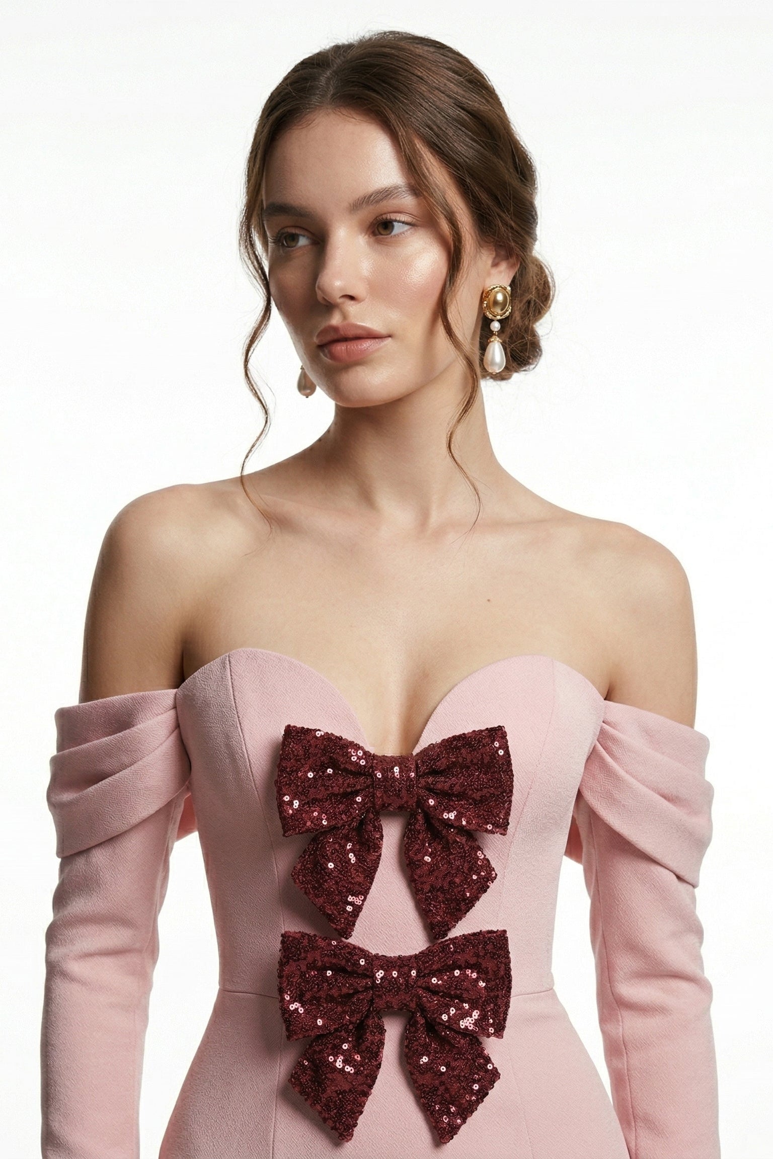 Li Beirut M1231 – Blush Off-Shoulder Long Sleeve Evening Gown with Bow Detail