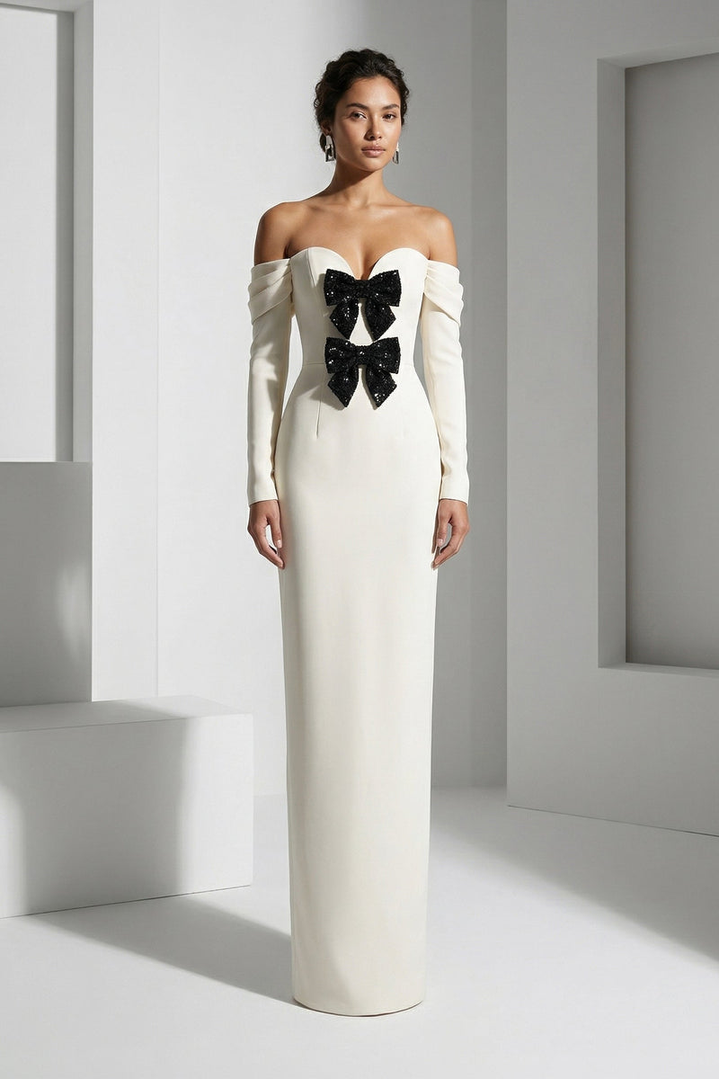 Li Beirut M1231 – Blush Off-Shoulder Long Sleeve Evening Gown with Bow Detail