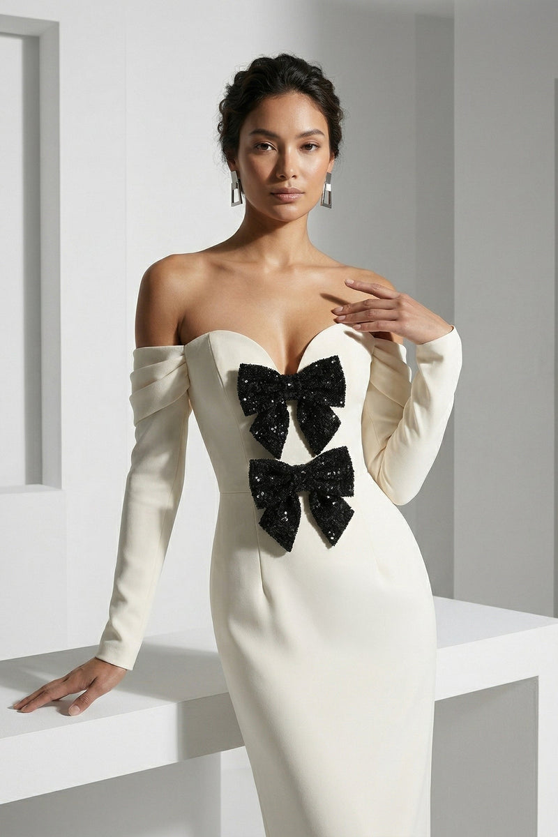 Li Beirut M1231 – Blush Off-Shoulder Long Sleeve Evening Gown with Bow Detail