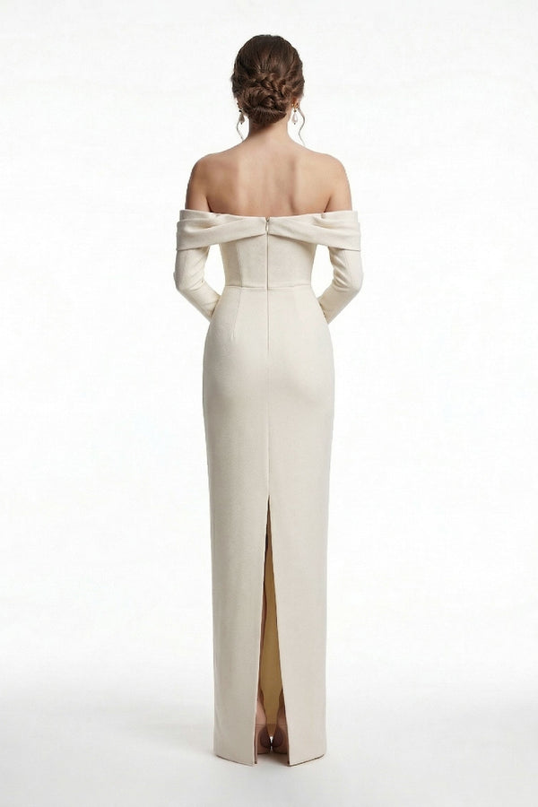 Li Beirut M1231 – Blush Off-Shoulder Long Sleeve Evening Gown with Bow Detail
