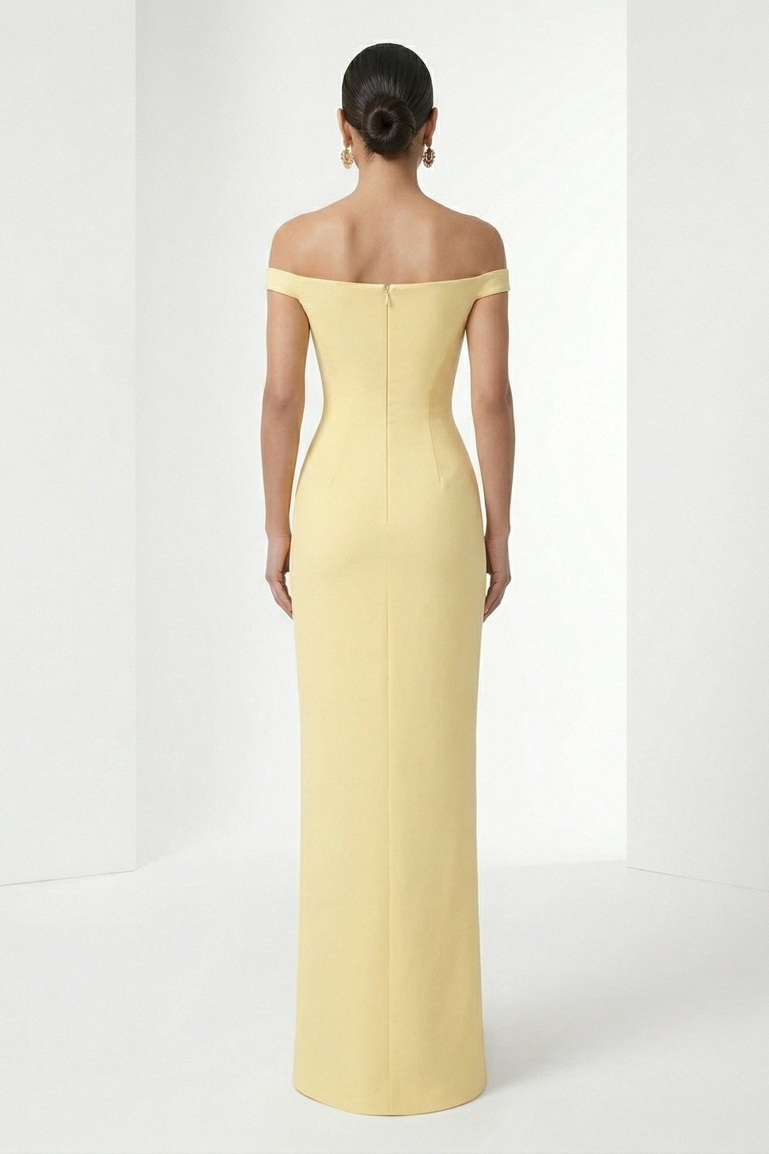Li Beirut M1232 – Off-Shoulder Draped Yellow Evening Gown with Floral Train