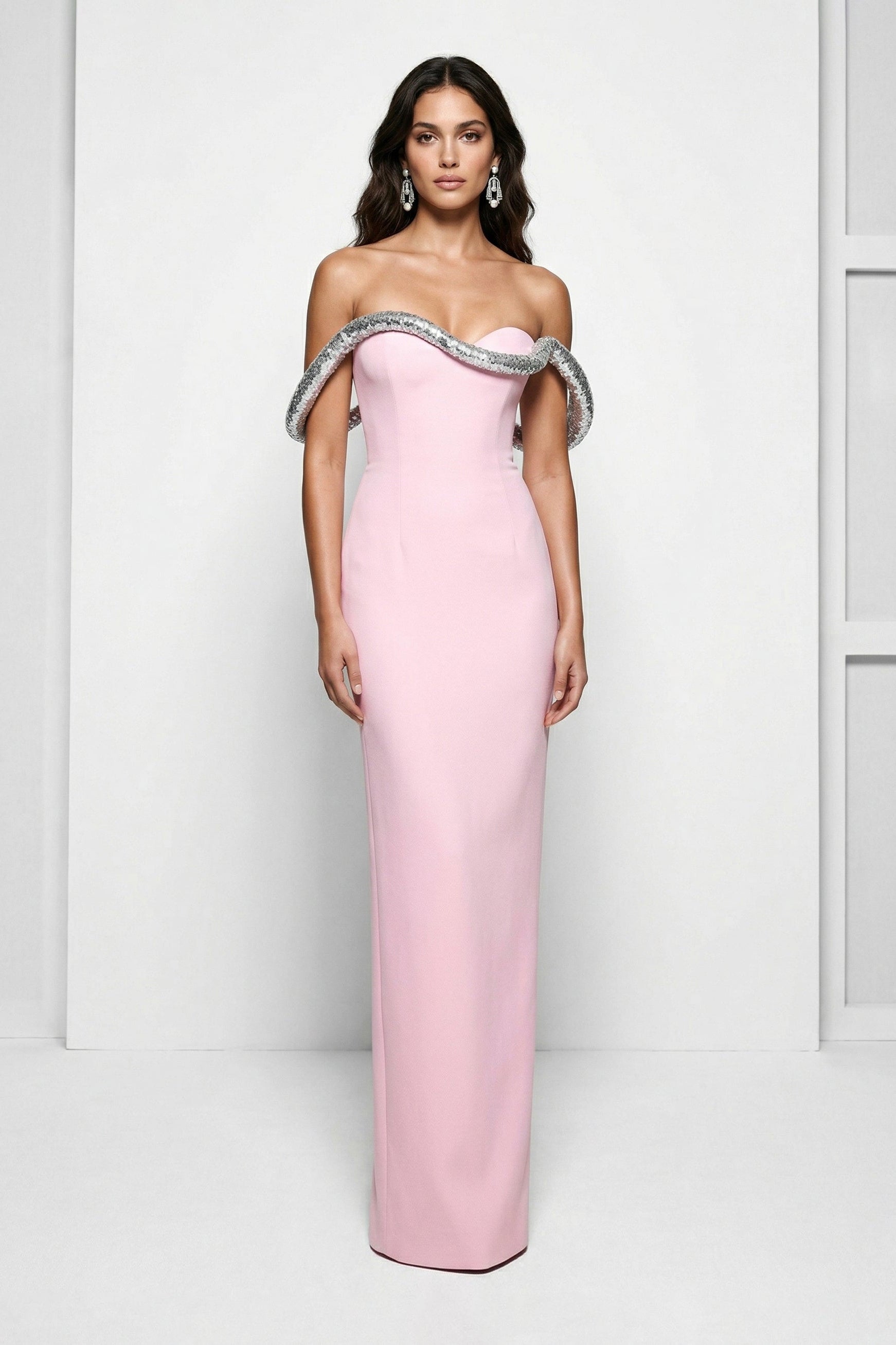Li Beirut M1233 – Sculpted Off-Shoulder Column Evening Gown