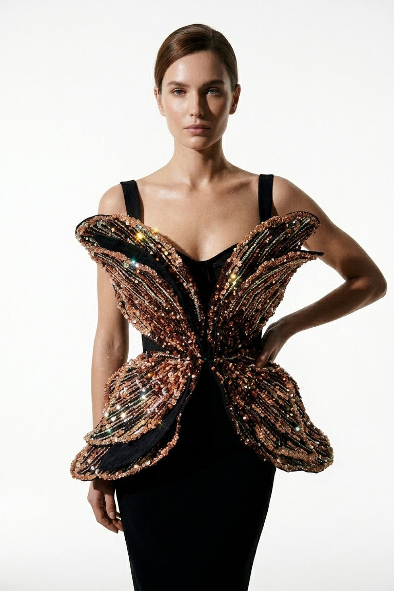 Li Beirut M1235 – Black Sculptural Beaded Peplum Evening Gown