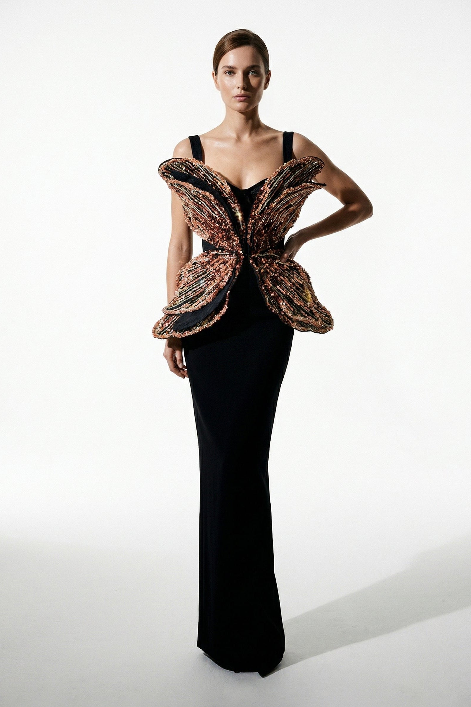 Li Beirut M1235 – Black Sculptural Beaded Peplum Evening Gown