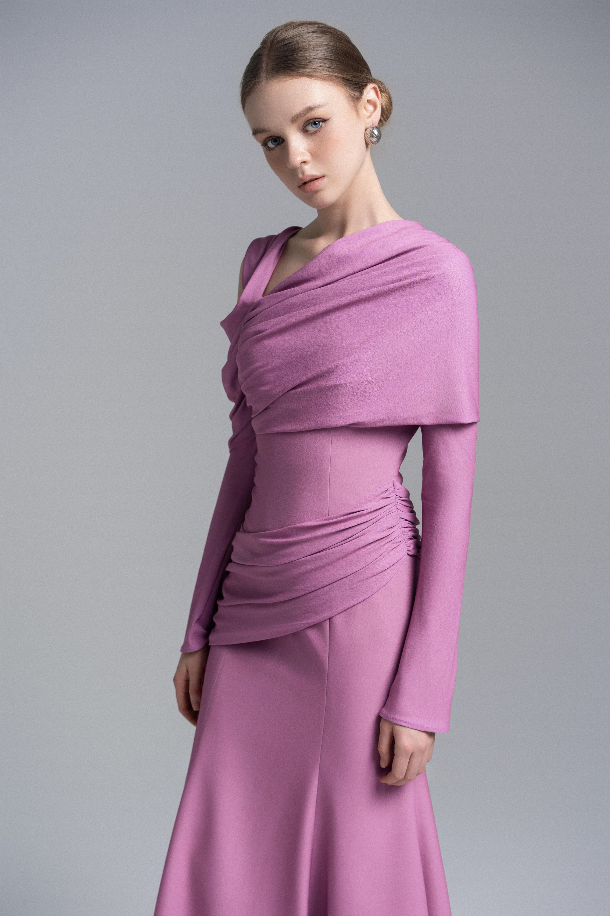 Lilac Twisted Shoulder Midi Dress