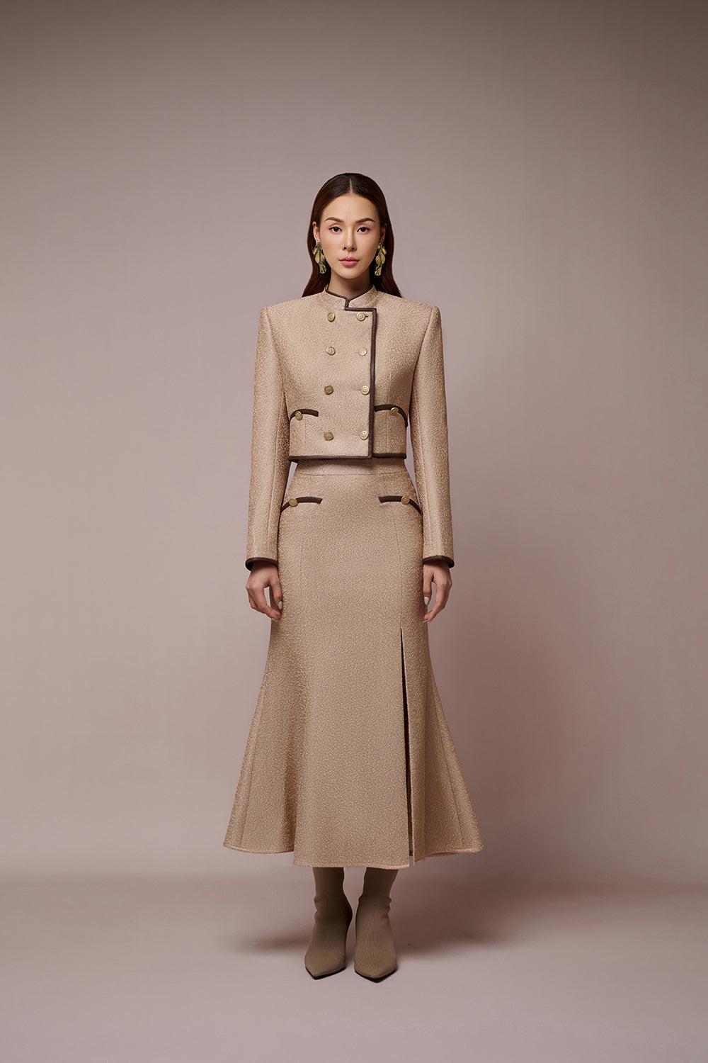 Linda Mandarin Collar Croptop Jacket & Linda Slit Fishtail Skirt