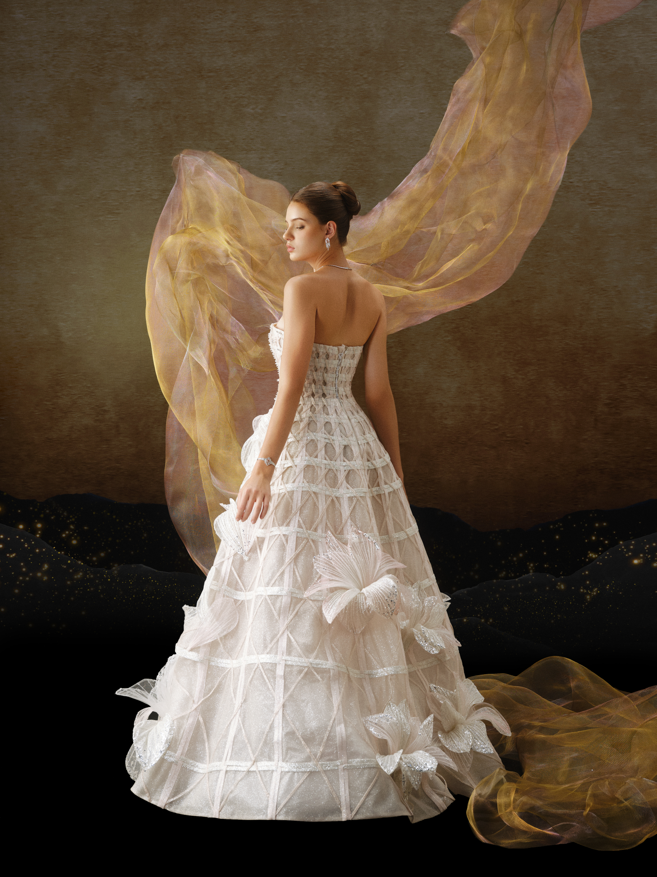 Linh Nga LMBAT249 – Strapless Grid-Textured Gown with Floral Appliqués