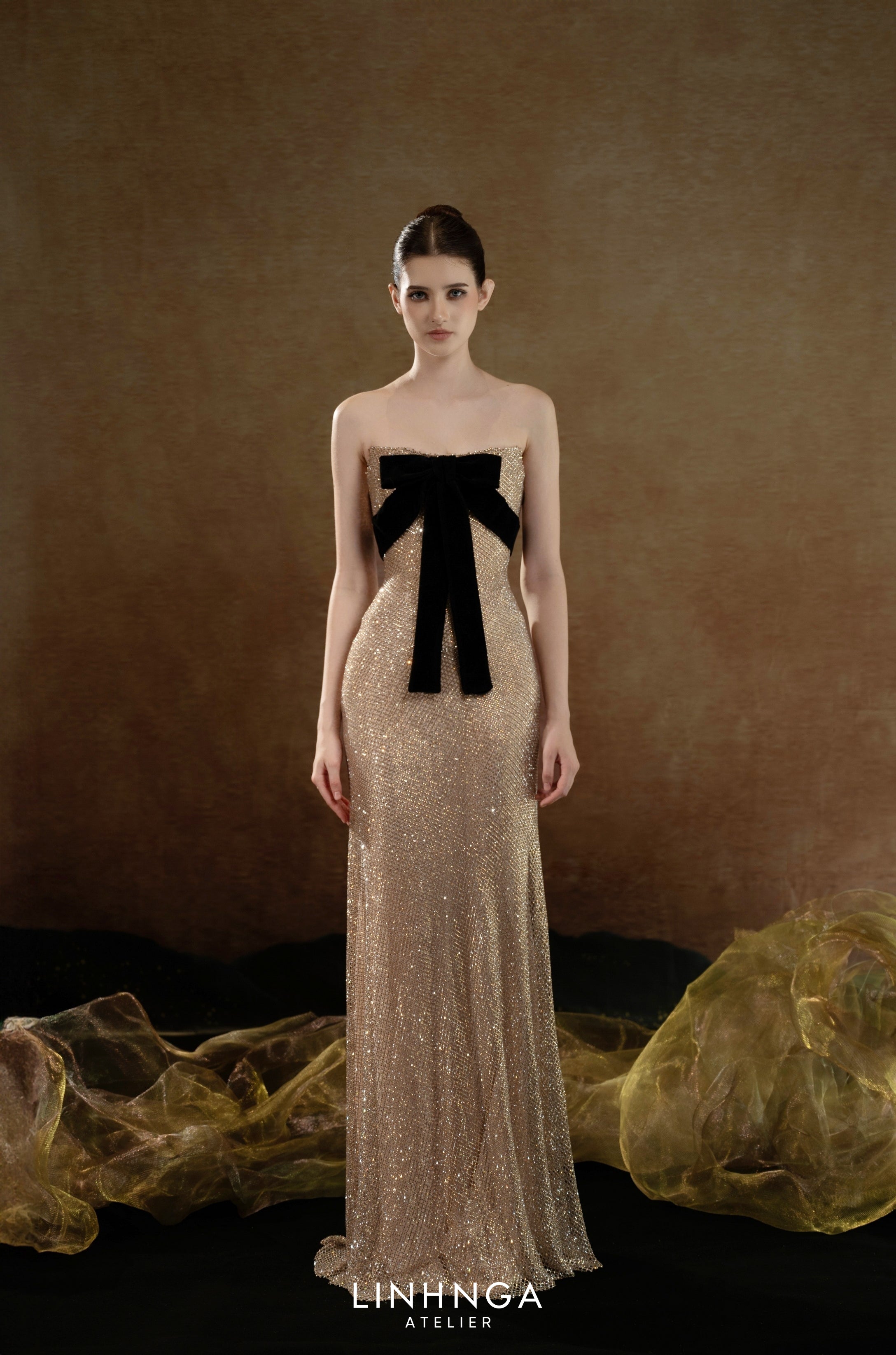 Linh Nga LMBCT314 – Golden Crystal Bow Elegance