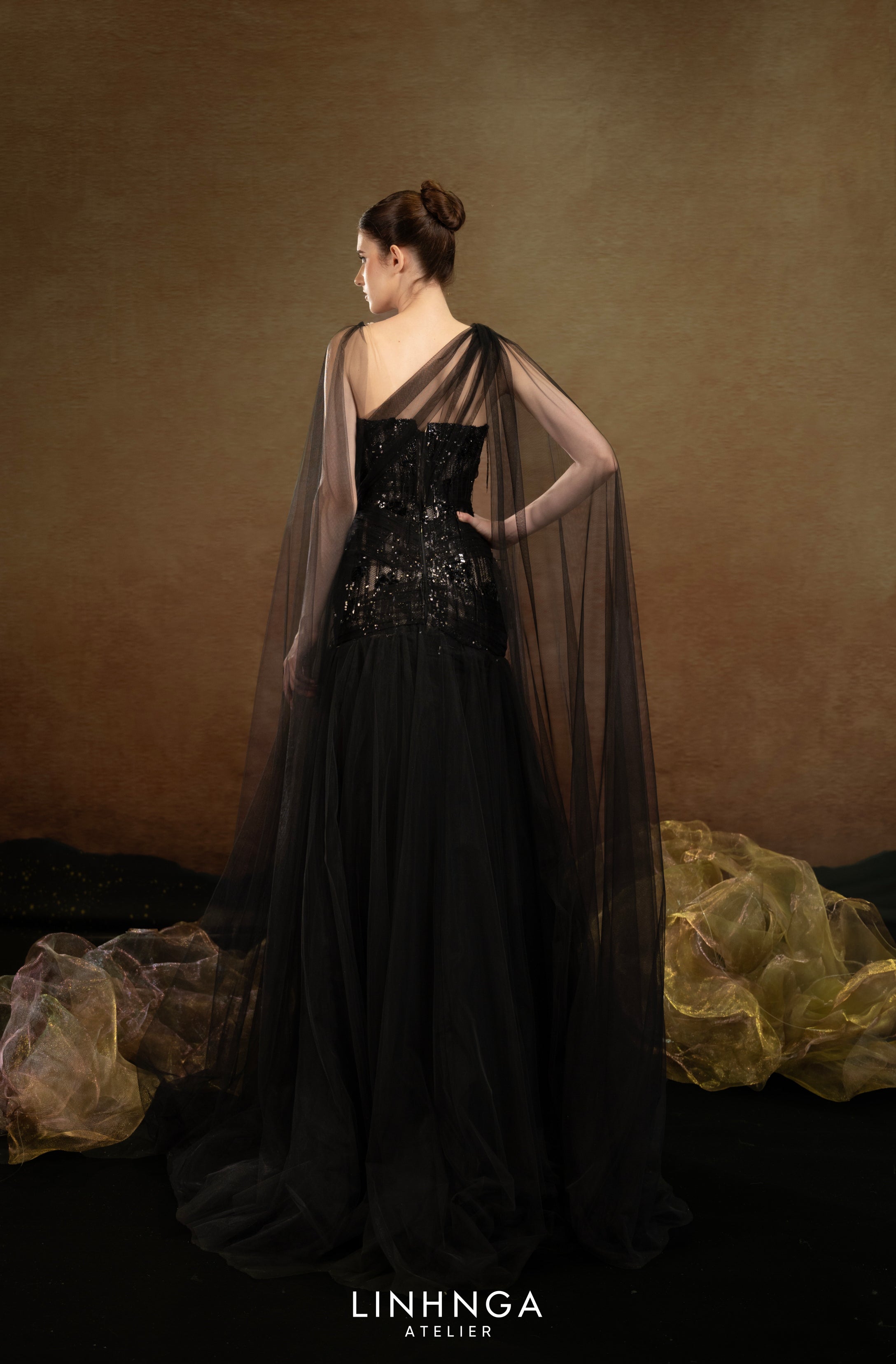 Linh Nga LXBAT247 – Dramatic Sheer Cape A-Line Elegance