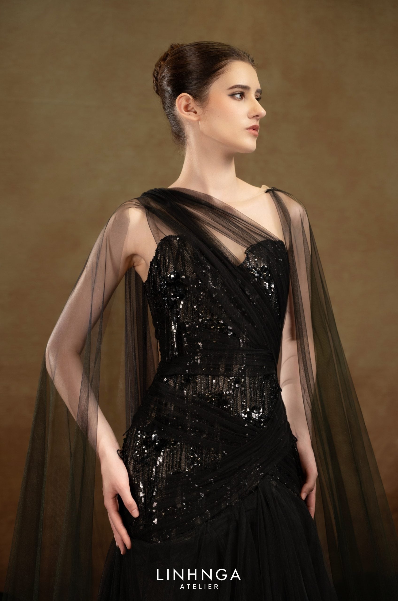 Linh Nga LXBAT247 – Dramatic Sheer Cape A-Line Elegance