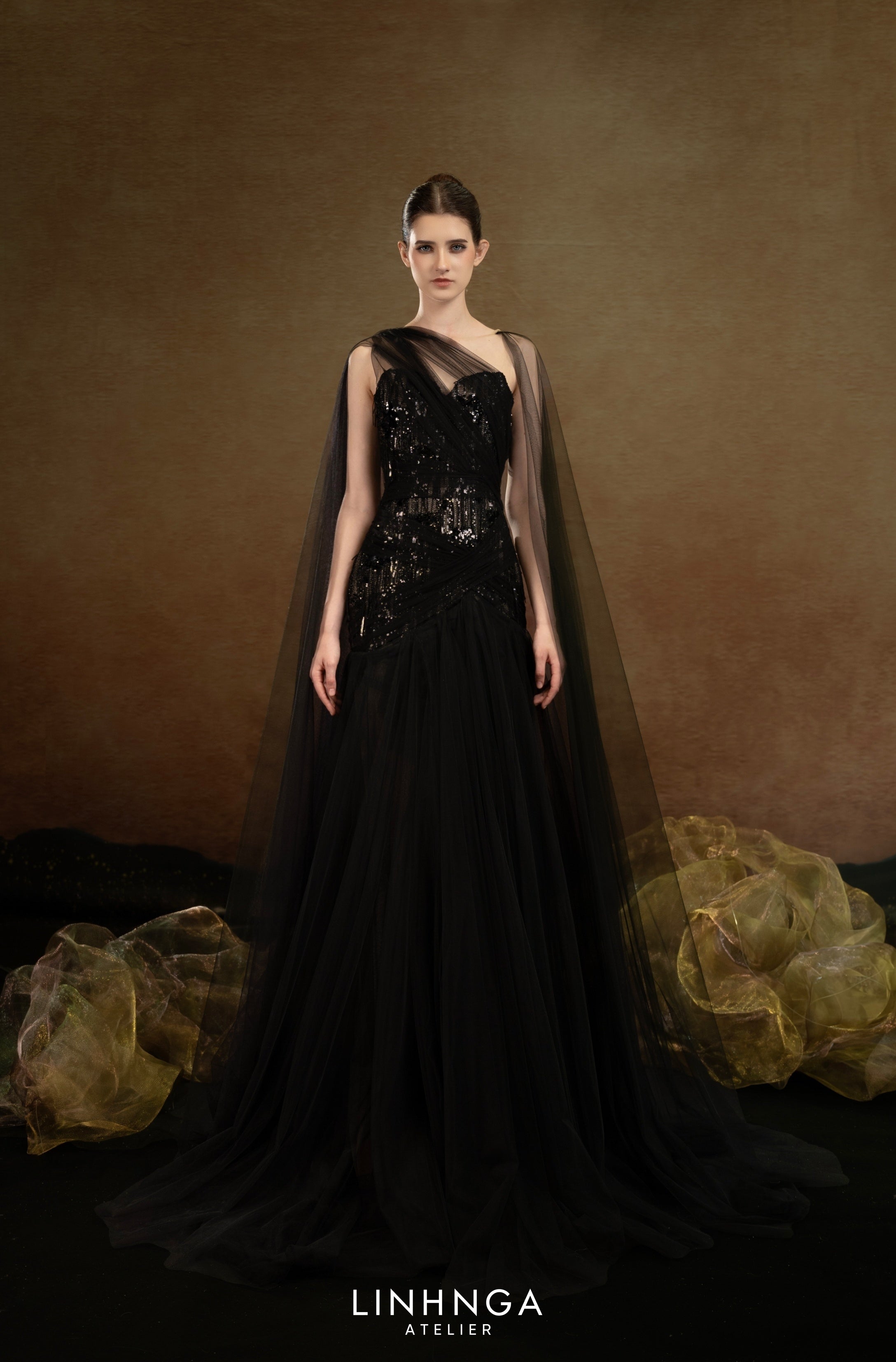 Linh Nga LXBAT247 – Dramatic Sheer Cape A-Line Elegance