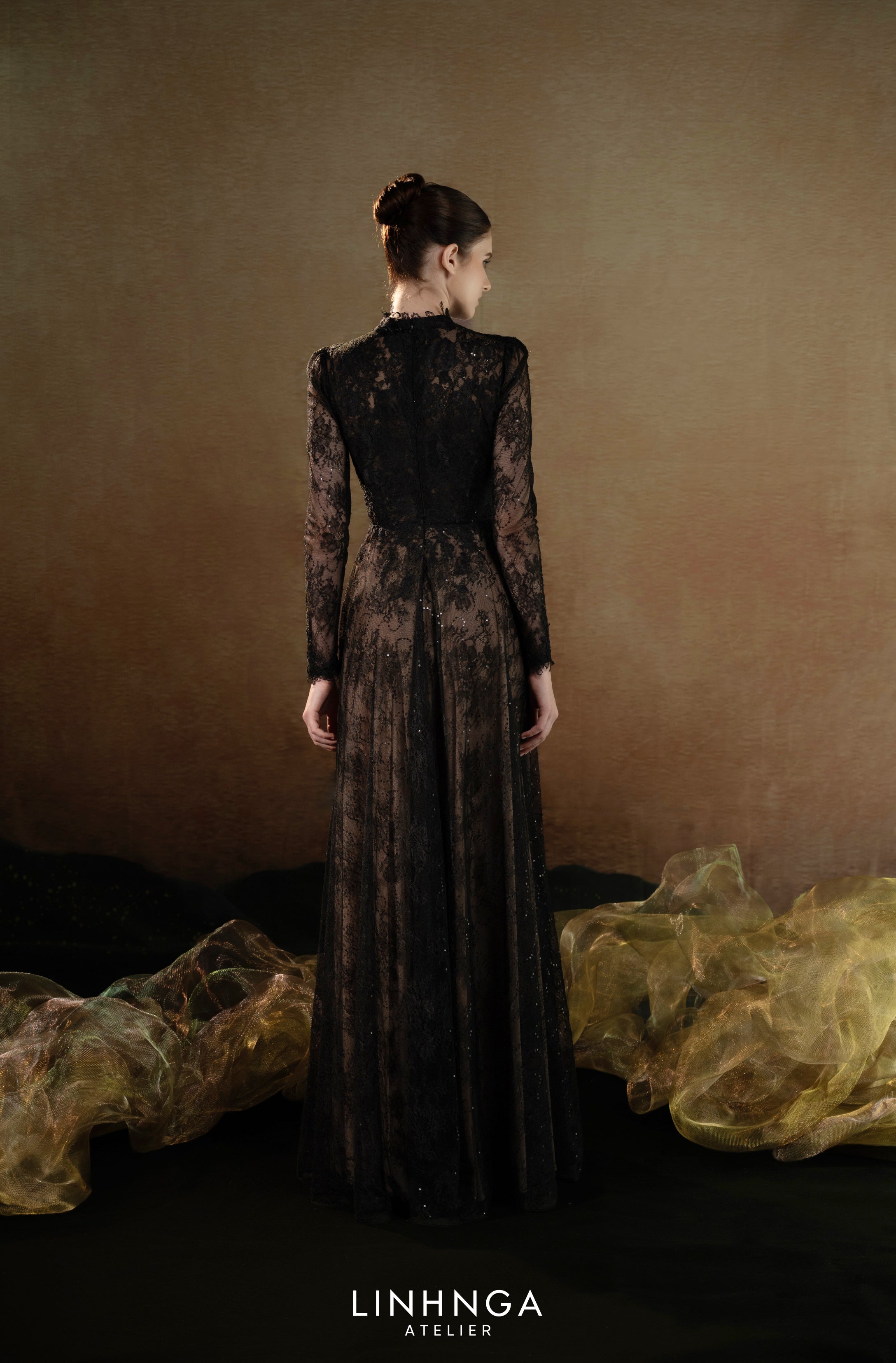 Linh Nga LXBAT255 High Neck Black Lace Gown