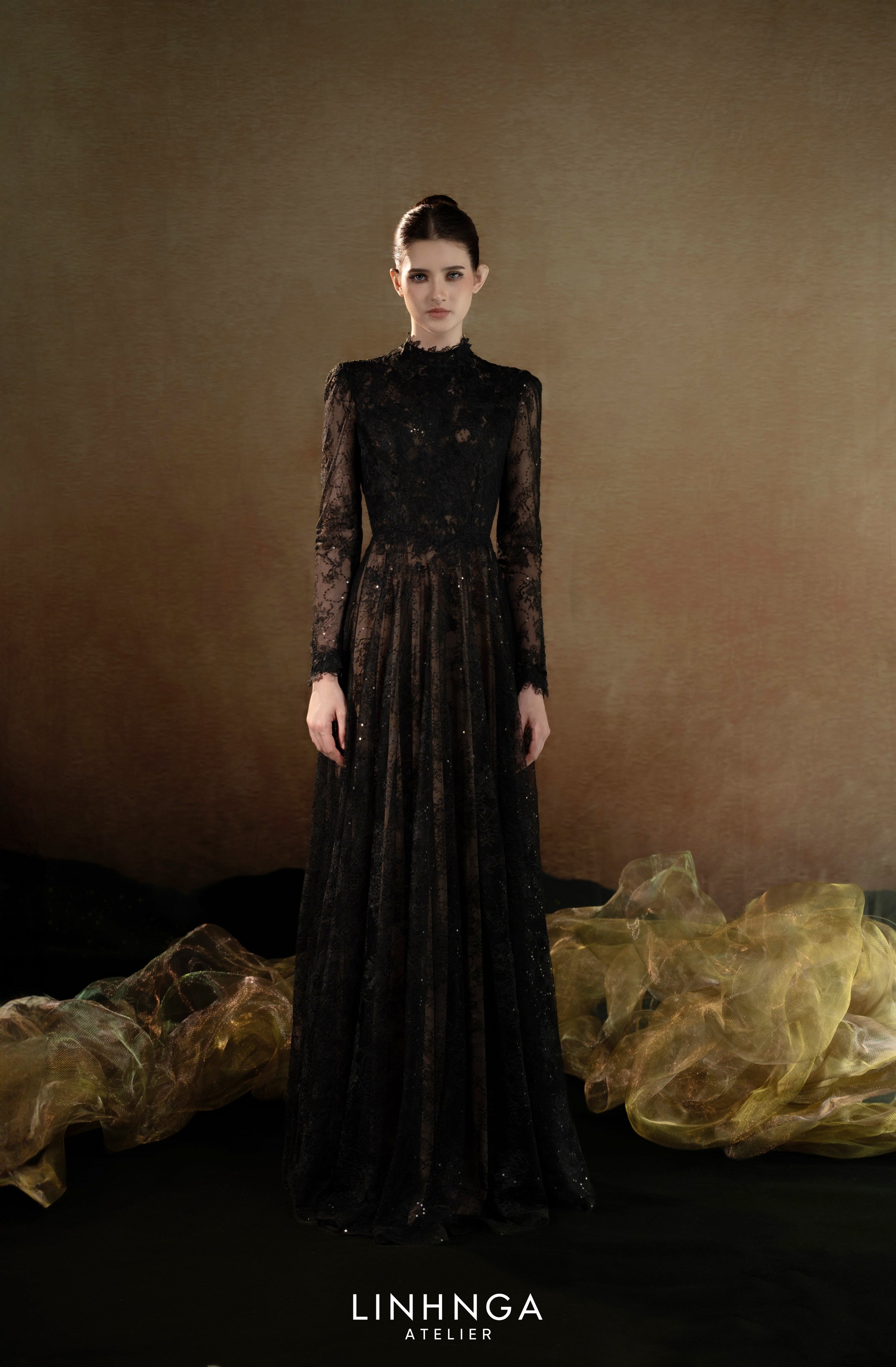 Linh Nga LXBAT255 High Neck Black Lace Gown