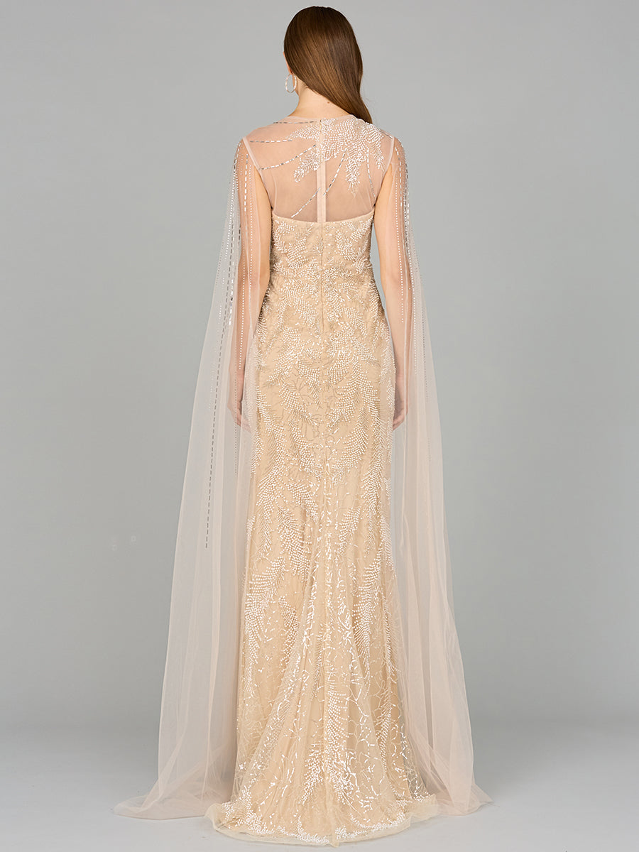 Long Cape Beaded Gown 29047
