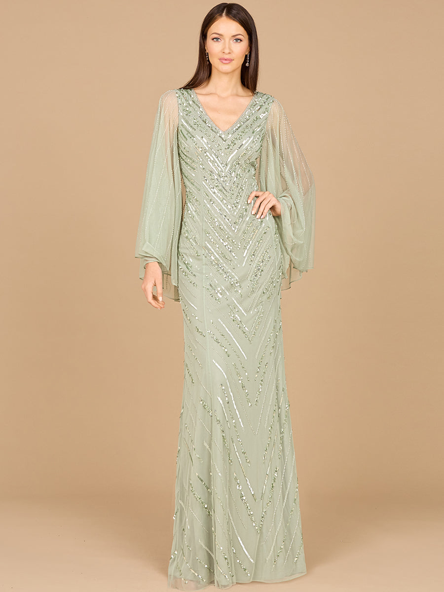 Long Cape Sleeves Beaded Dress - OUTLET 29082