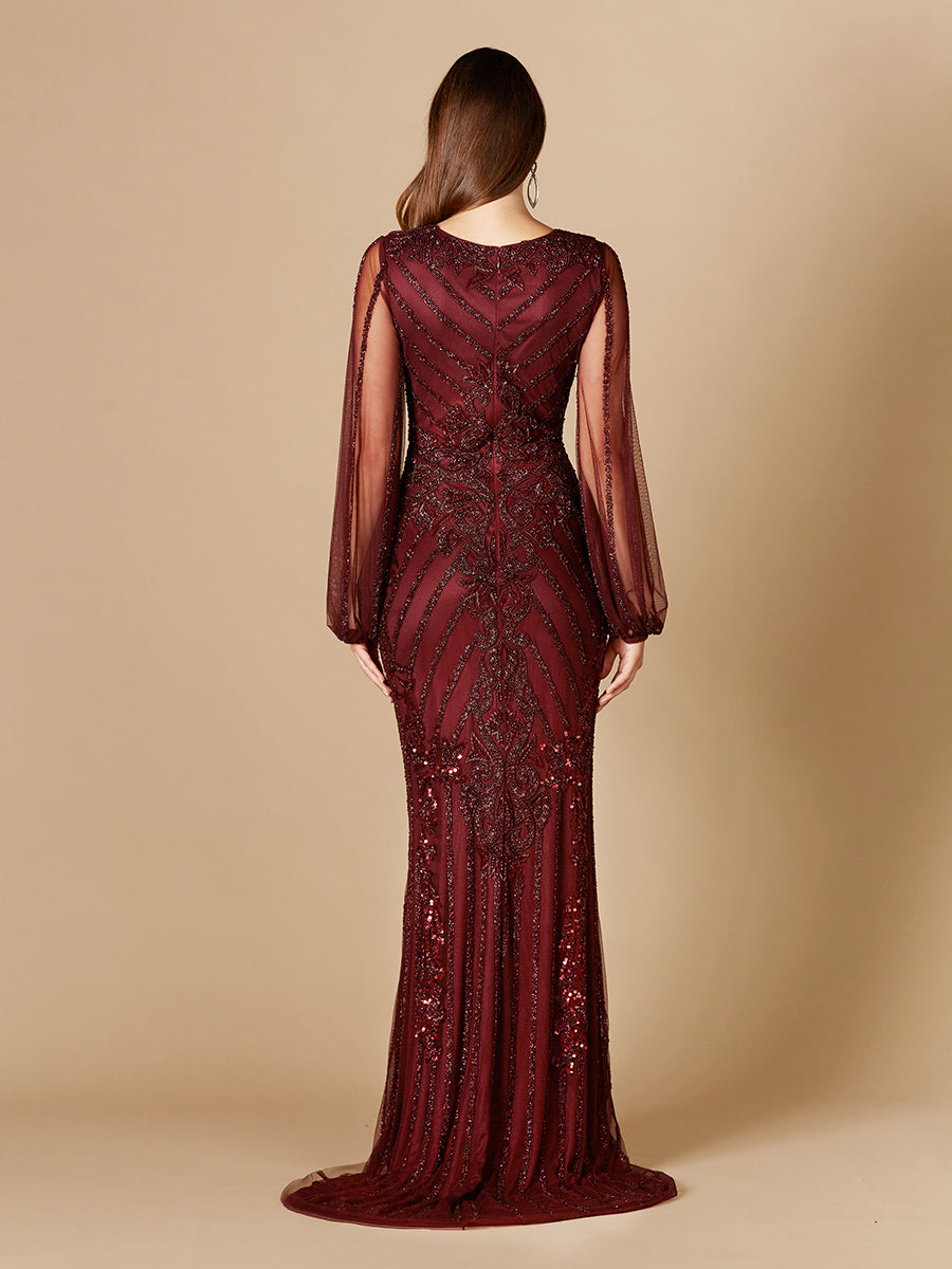 Long Flutter Sleeves Beaded Dress 29369