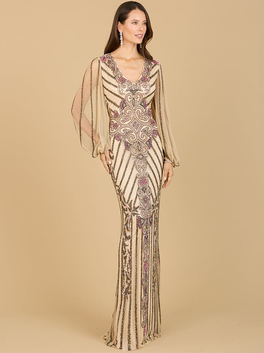 Long Flutter Sleeves Beaded Dress 29369
