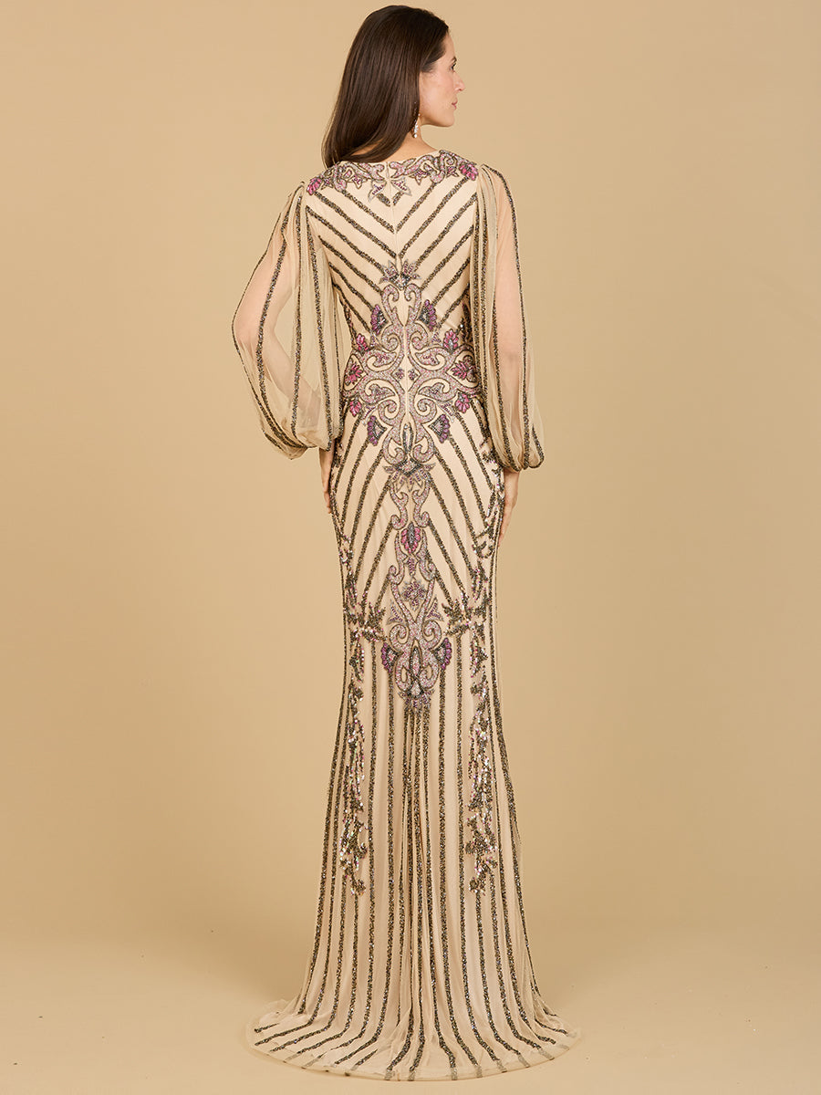 Long Flutter Sleeves Beaded Dress 29369