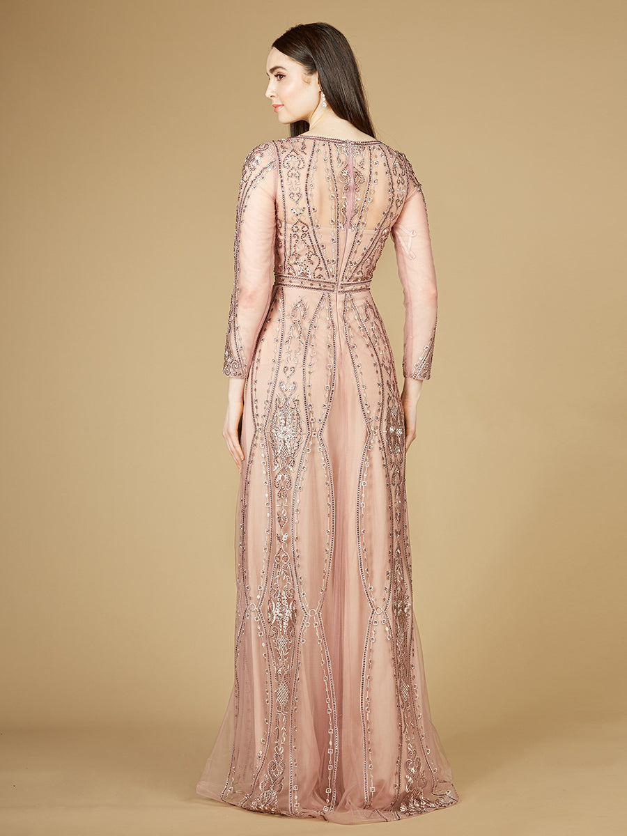 Long Illusion Sleeves A-Line Lace Gown with Rhinestones 29788