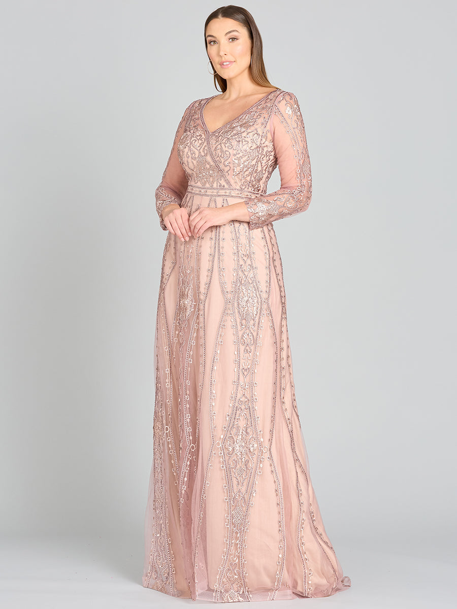 Long Illusion Sleeves A-Line Lace Gown with Rhinestones 29788