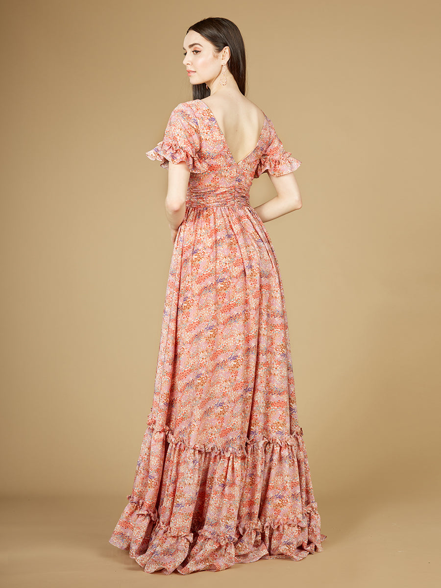 Long Print Gown with Cap Sleeves - OUTLET 29273