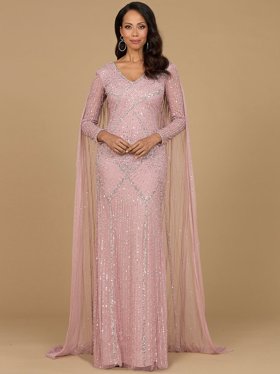 Long Sleeve Beaded Gown with Cape 28956