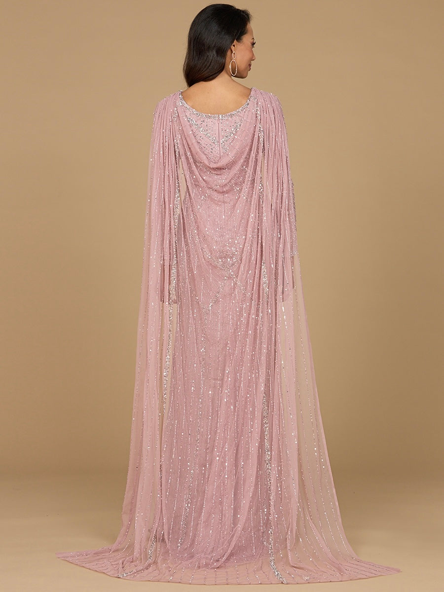 Long Sleeve Beaded Gown with Cape 28956