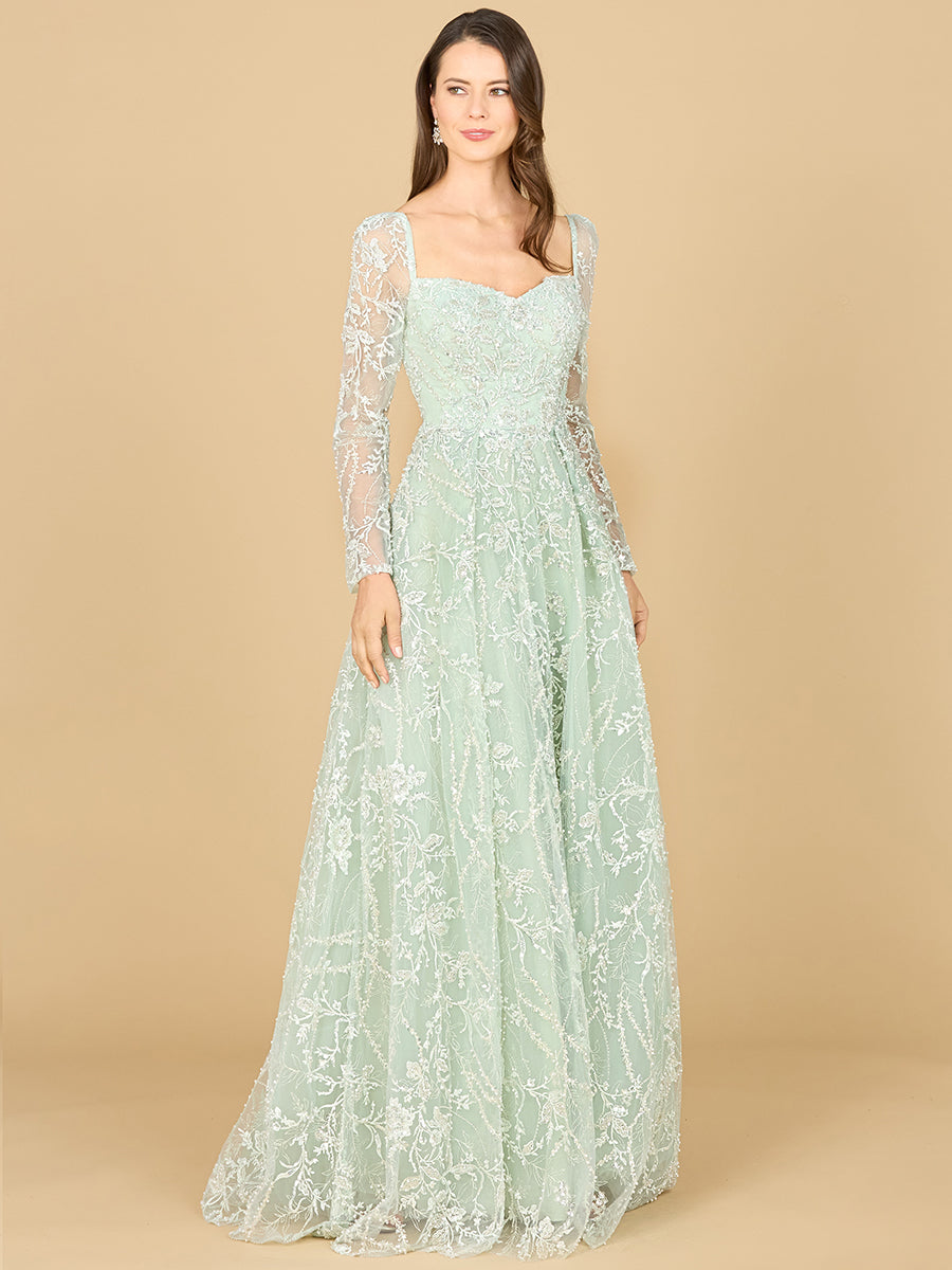 Long Sleeve Beaded Lace Gown 29151