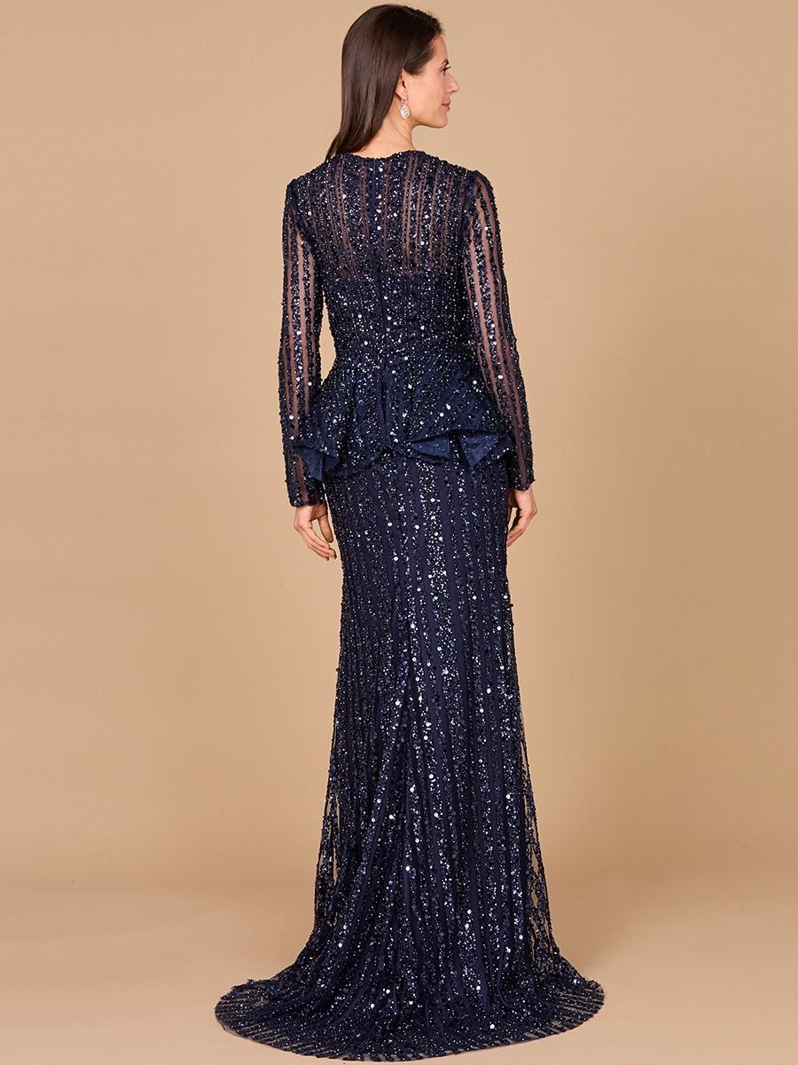Long Sleeve Beaded Peplum Dress 29038