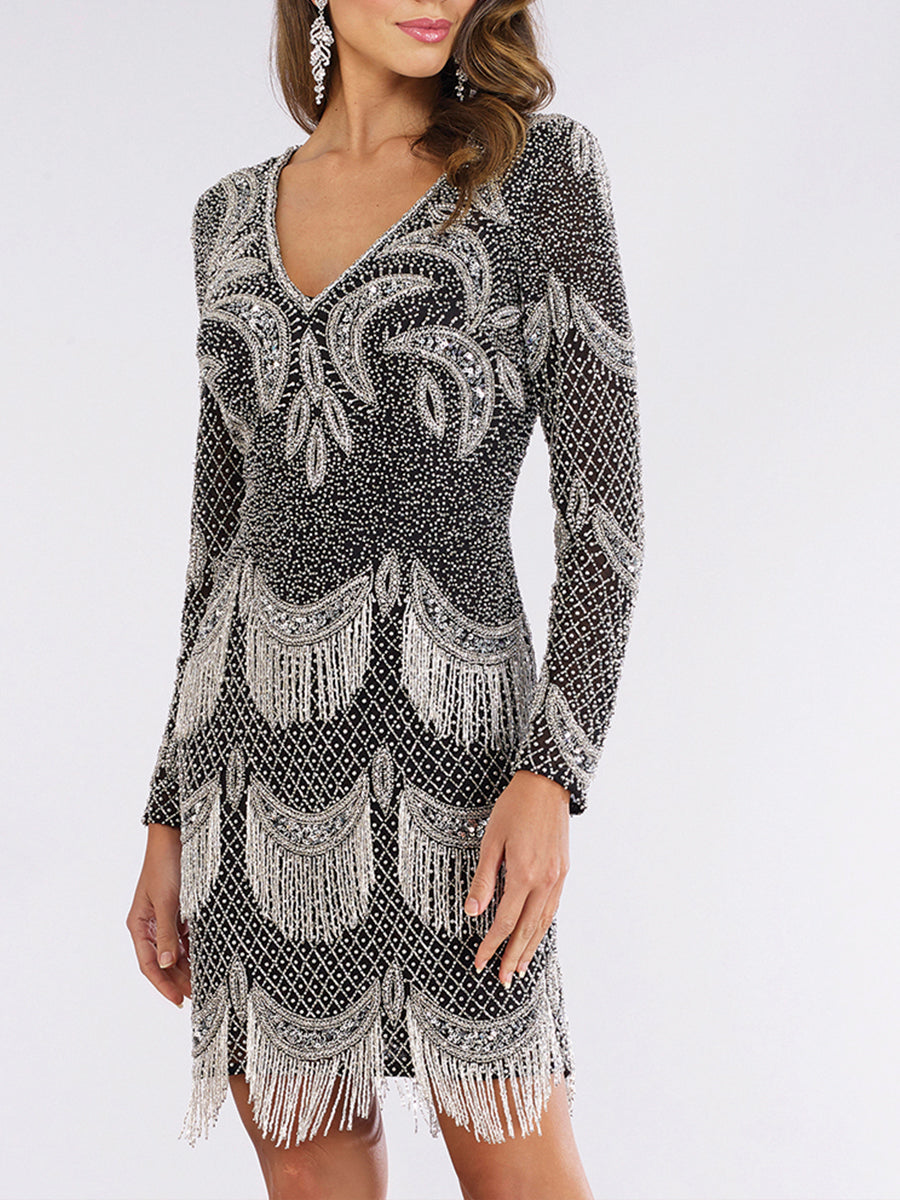 Long Sleeve Beaded V-Neck Fringe Cocktail Dress 29377