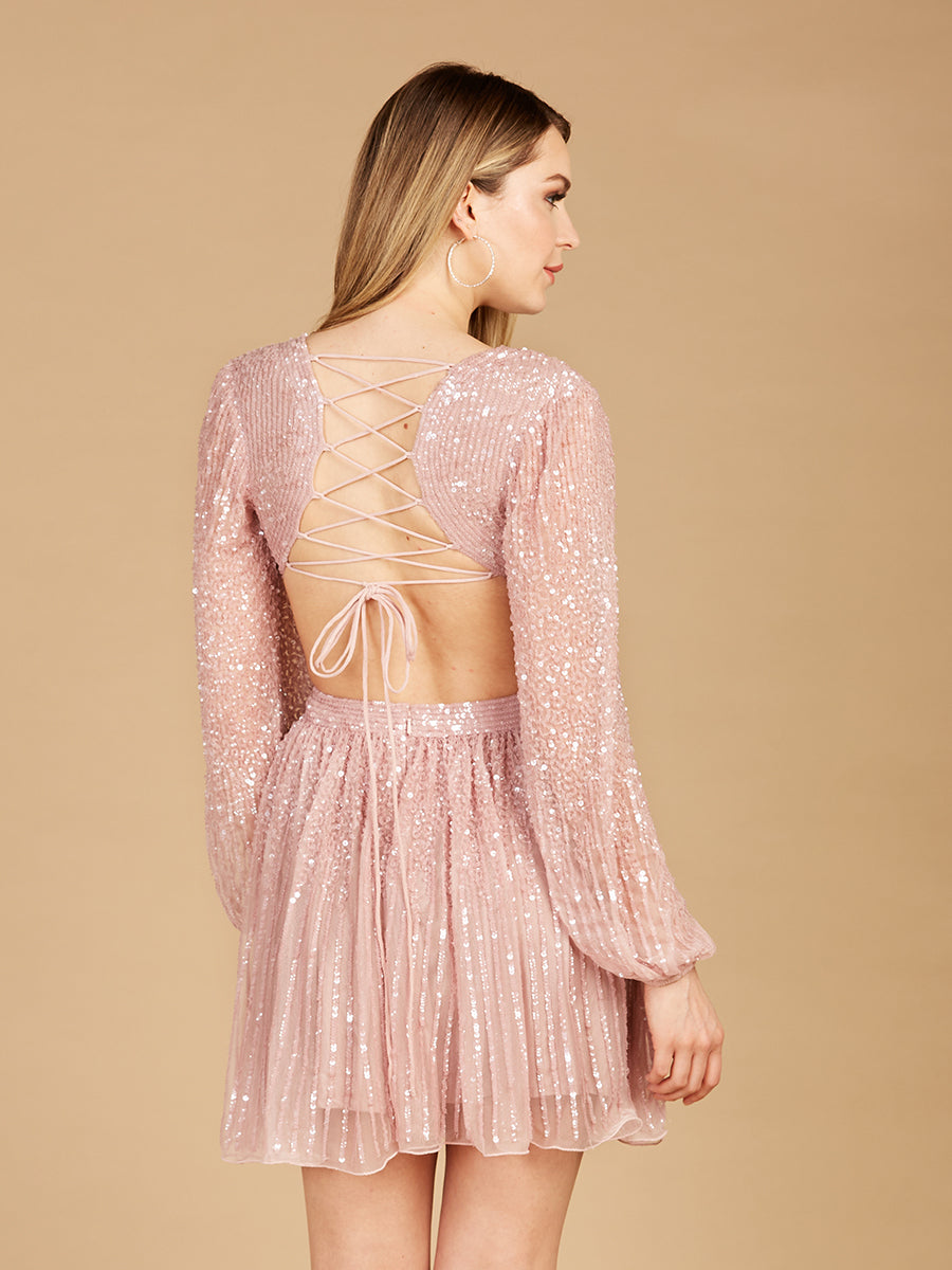 Long Sleeve Cut Out Dress with Lace Up Back 29288