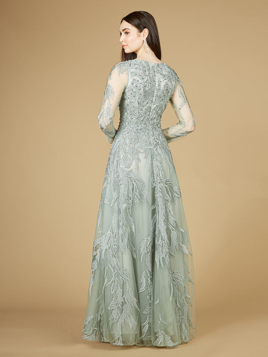 Long Sleeve Lace Ballgown with V-Neck 29209