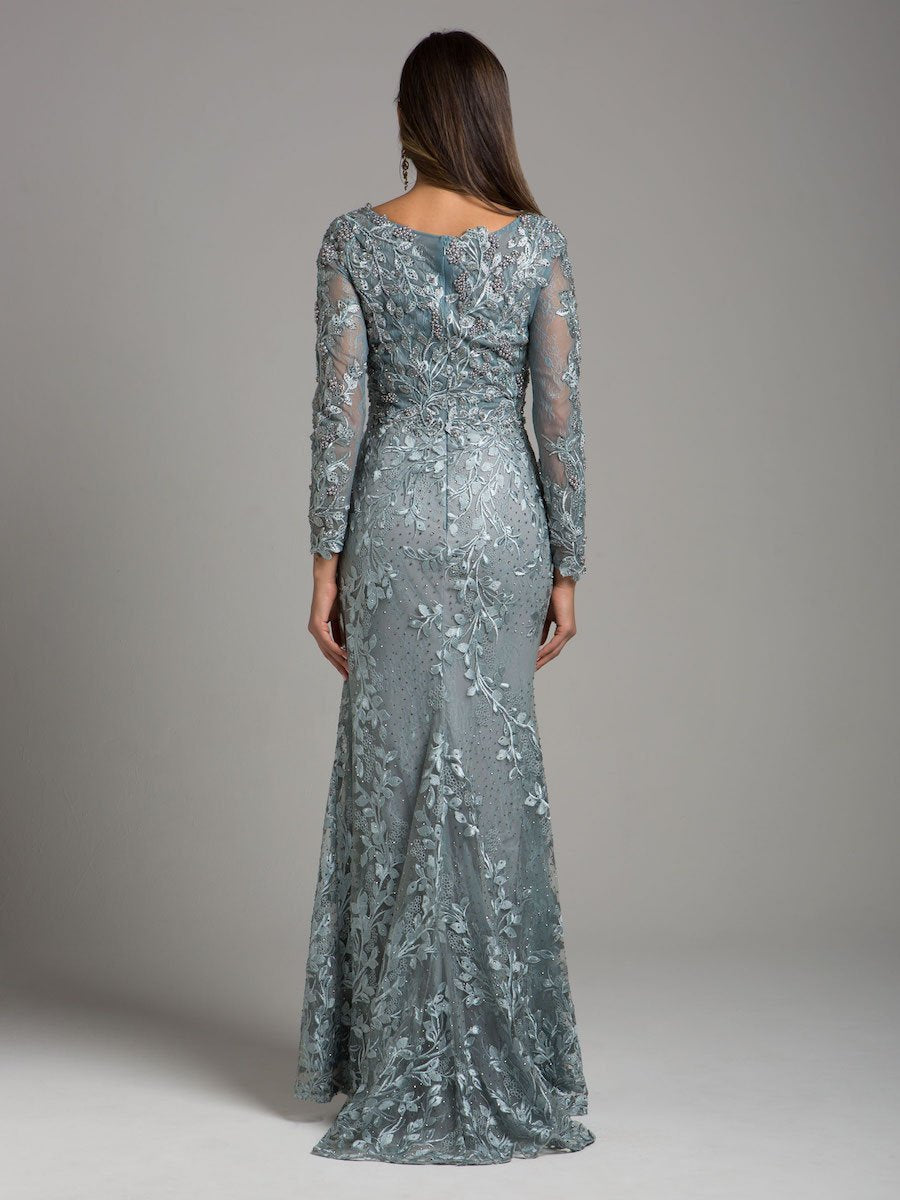 Long Sleeve Lace Dress with Lace Appliques & High Neckline 29924