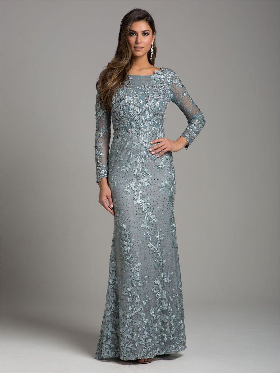 Long Sleeve Lace Dress with Lace Appliques & High Neckline 29924