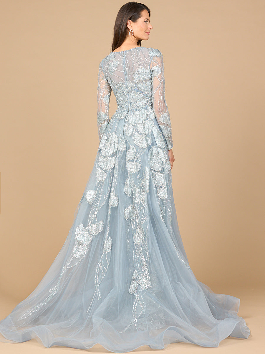 Long Sleeve Lace Gown with Overskirt 28946