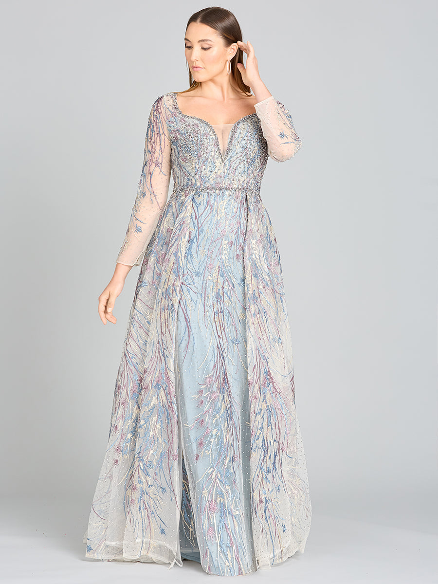 Long Sleeve Lace Gown with Overskirt 29452
